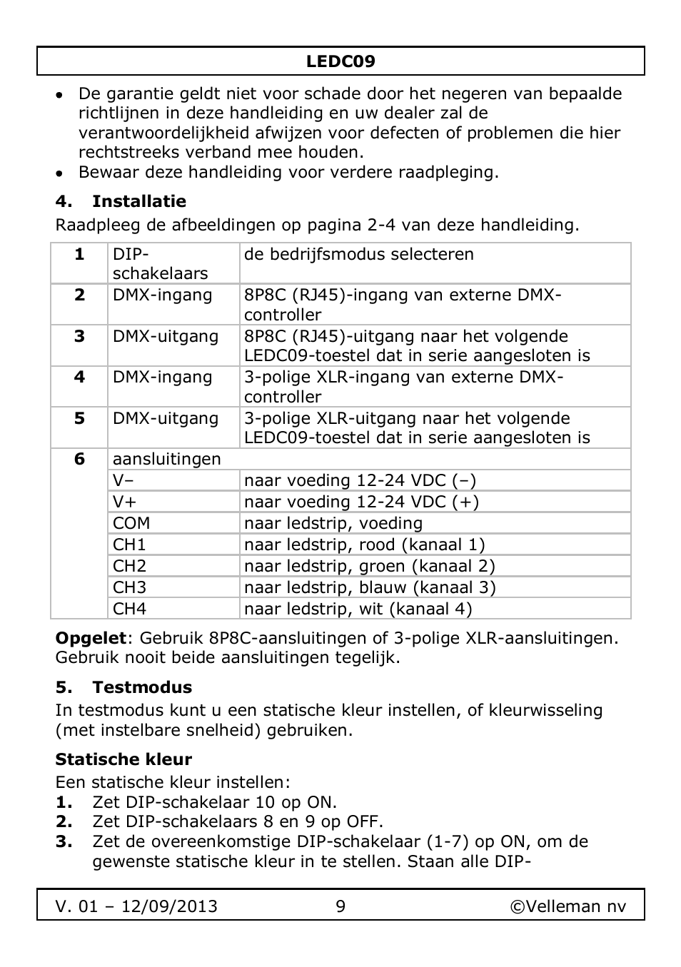 Installatie, Testmodus, Statische kleur | Velleman LEDC09 User Manual | Page 9 / 44