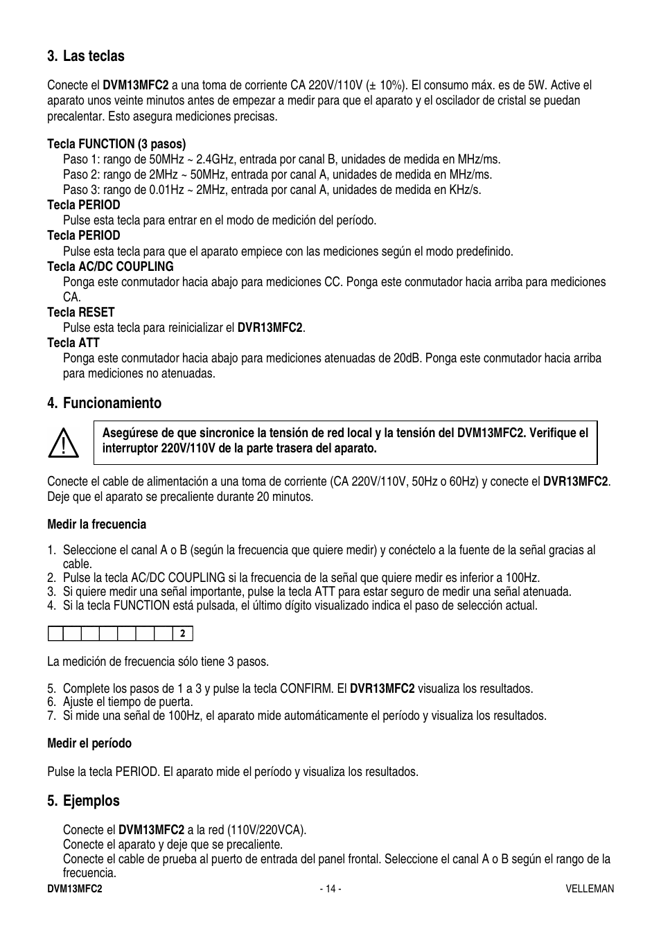 Las teclas, Funcionamiento, Ejemplos | Velleman DVM13MFC2 User Manual | Page 14 / 23