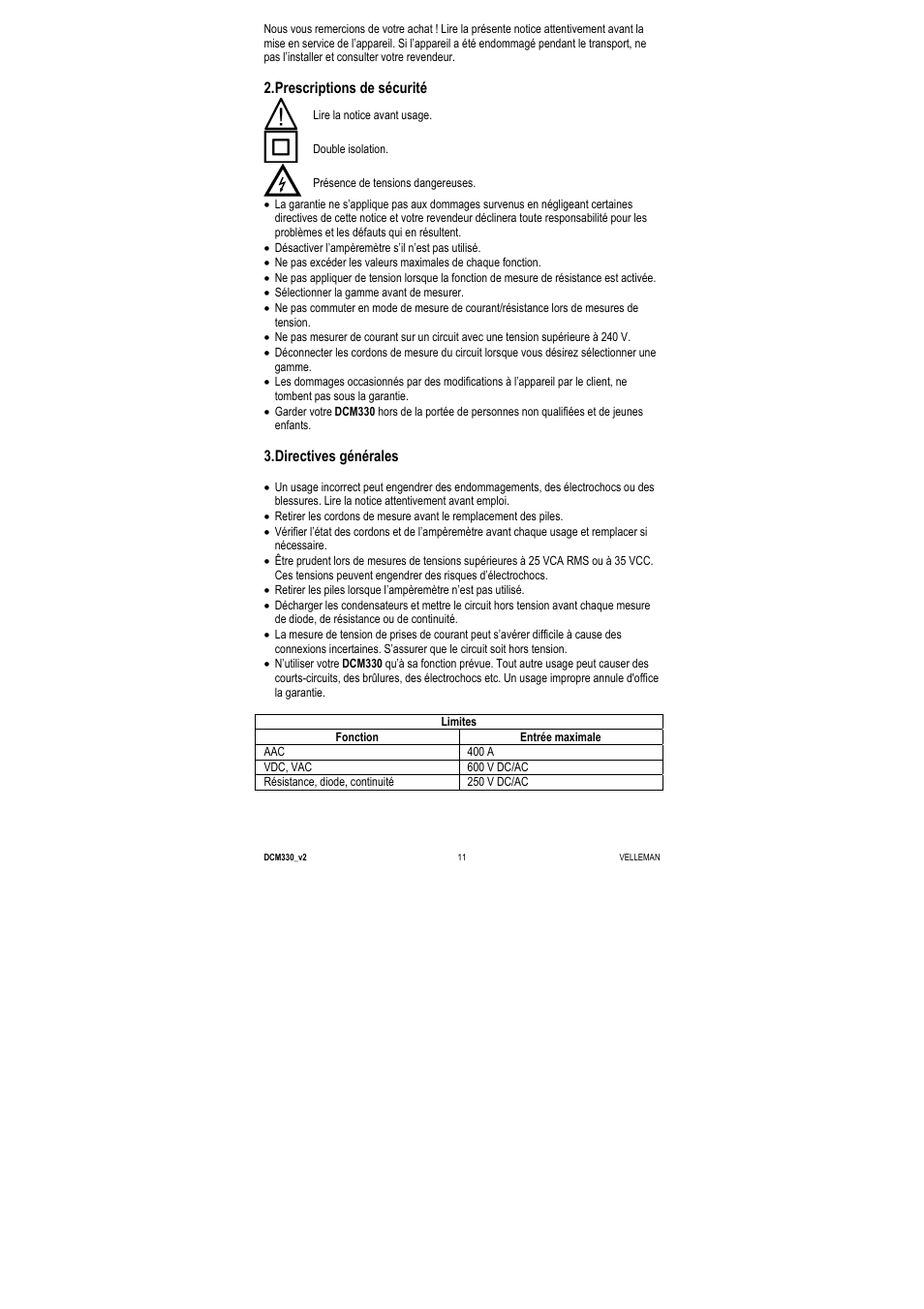 Prescriptions de sécurité, Directives générales | Velleman DCM330 User Manual | Page 11 / 29