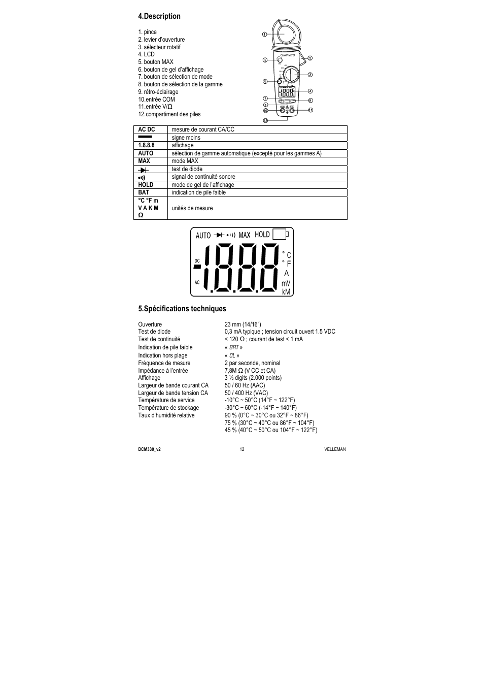 Description, Spécifications techniques | Velleman DCM330 User Manual | Page 12 / 29