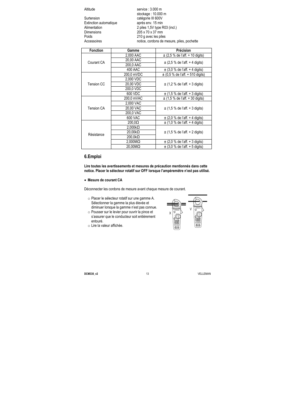 Emploi | Velleman DCM330 User Manual | Page 13 / 29