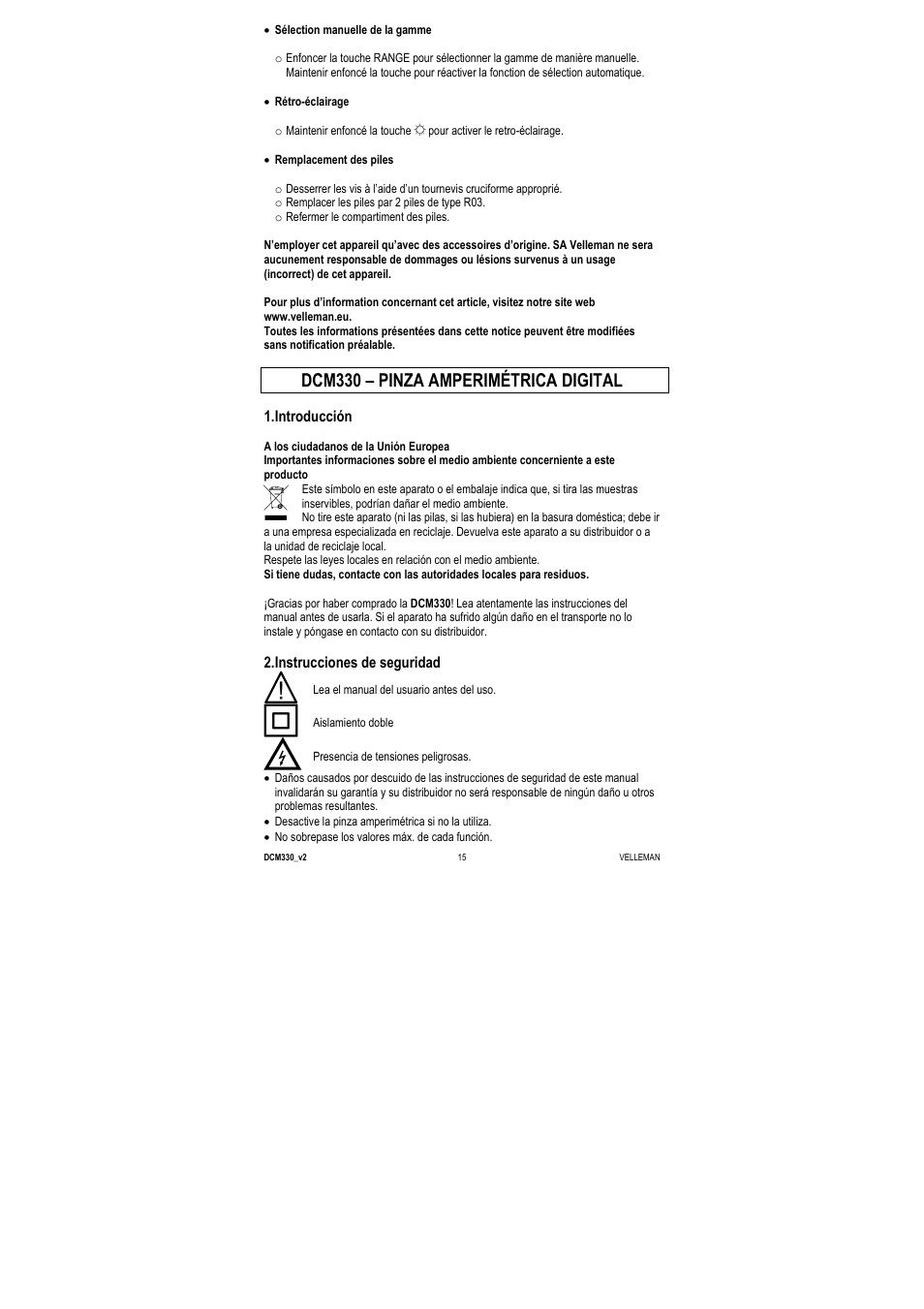 Dcm330 – pinza amperimétrica digital, Introducción, Instrucciones de seguridad | Velleman DCM330 User Manual | Page 15 / 29
