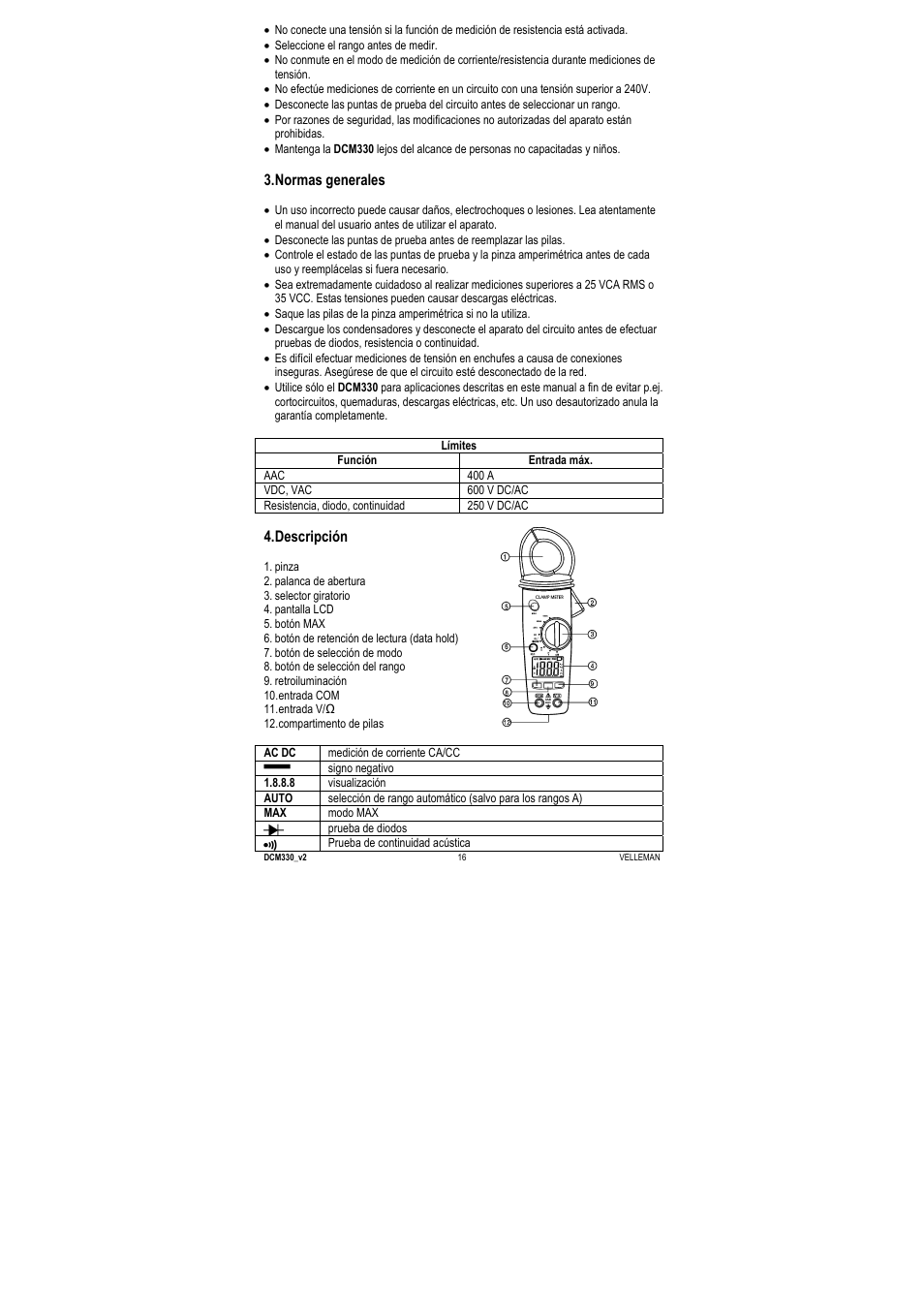 Normas generales, Descripción | Velleman DCM330 User Manual | Page 16 / 29