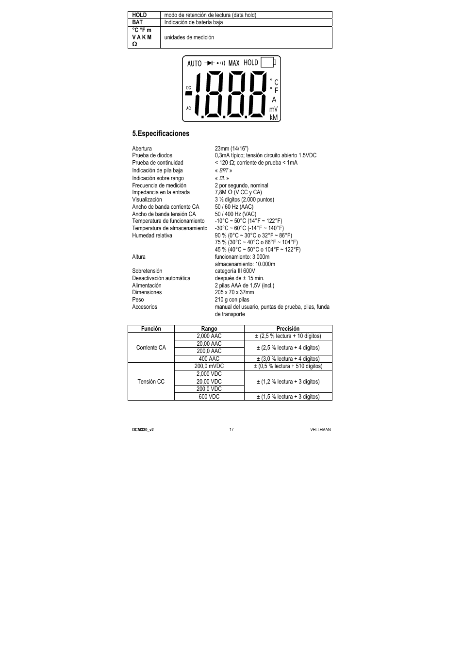 Especificaciones | Velleman DCM330 User Manual | Page 17 / 29