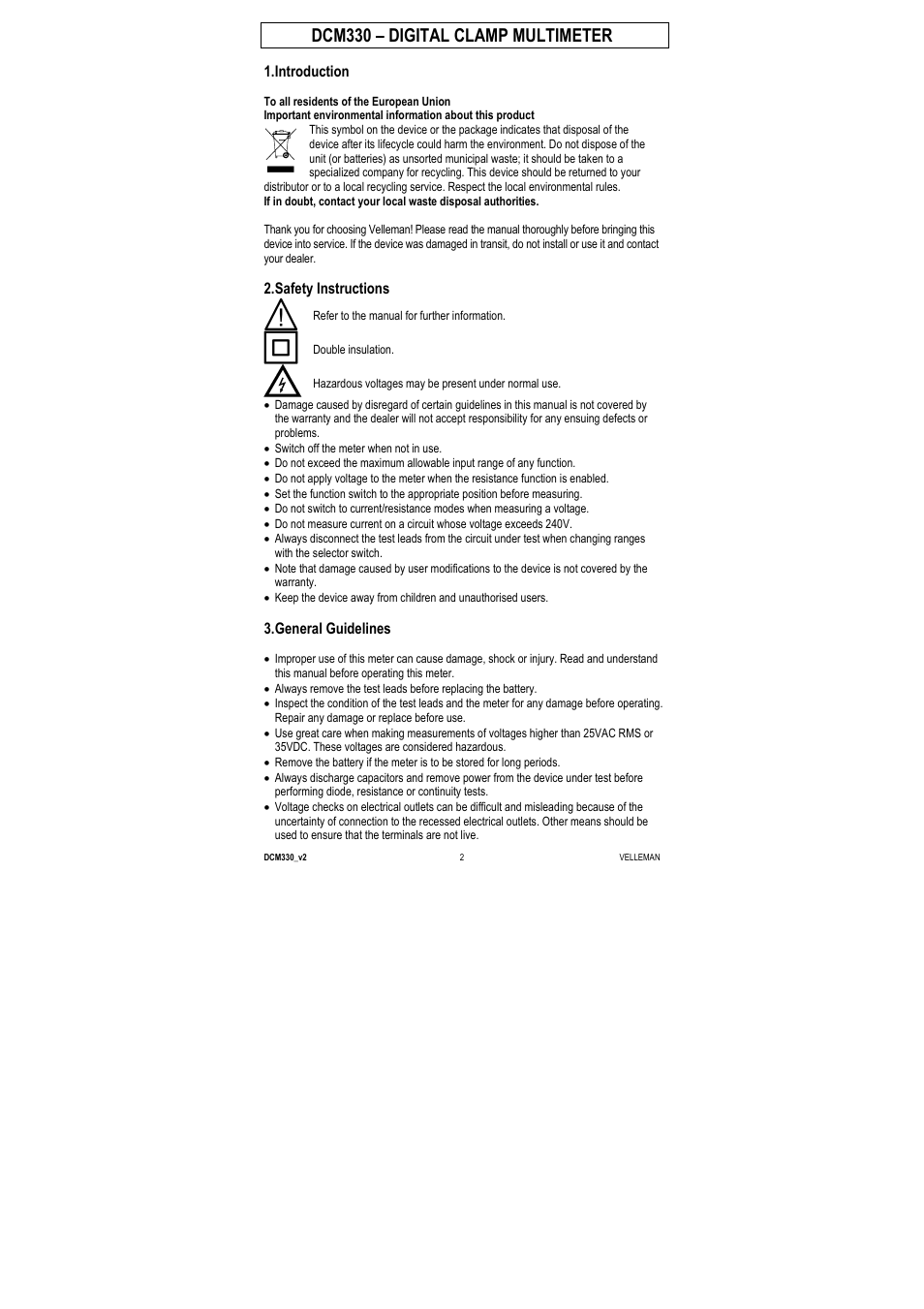 Dcm330 – digital clamp multimeter, Introduction, Safety instructions | General guidelines | Velleman DCM330 User Manual | Page 2 / 29