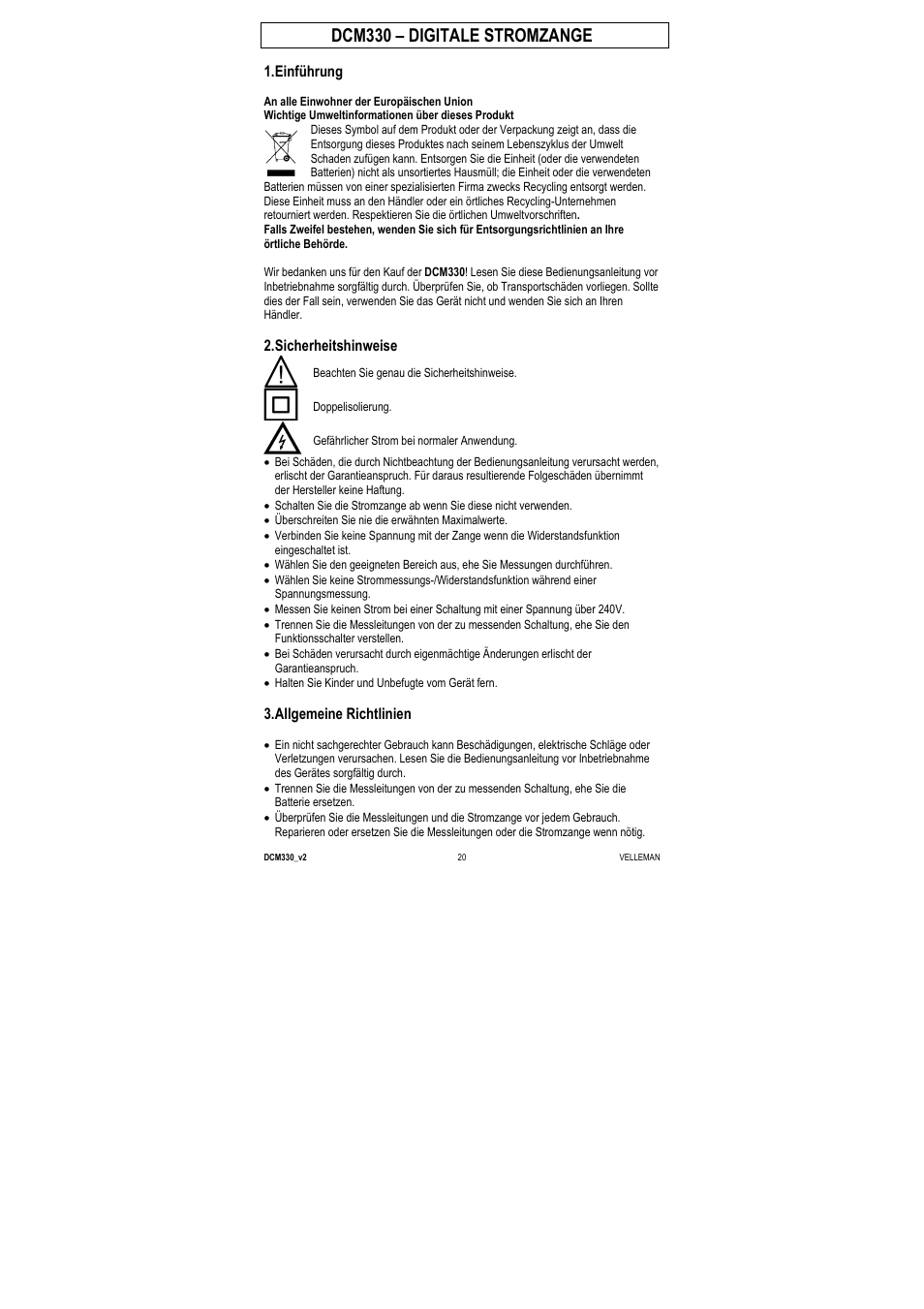Dcm330 – digitale stromzange, Einführung, Sicherheitshinweise | Allgemeine richtlinien | Velleman DCM330 User Manual | Page 20 / 29