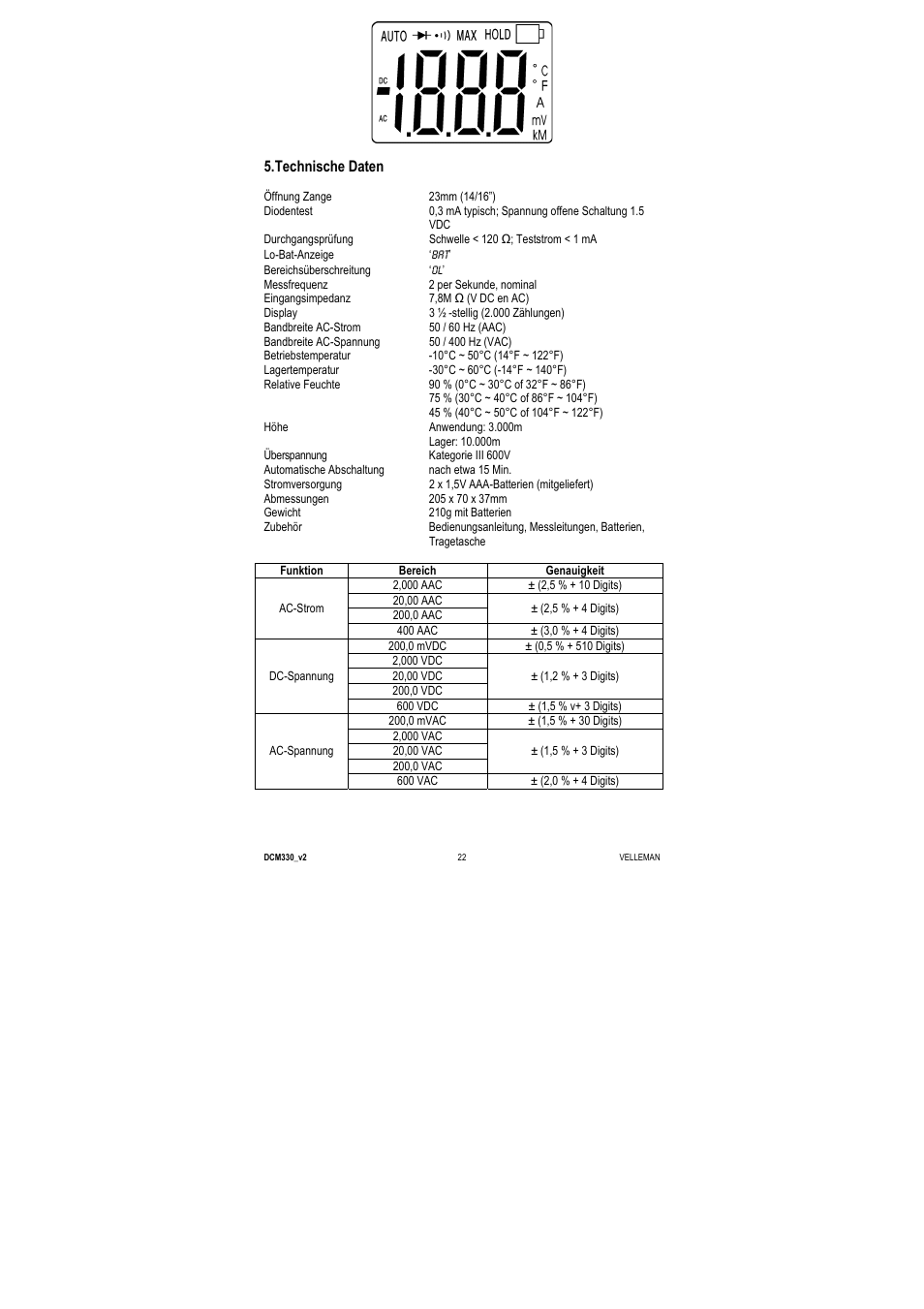 Technische daten | Velleman DCM330 User Manual | Page 22 / 29