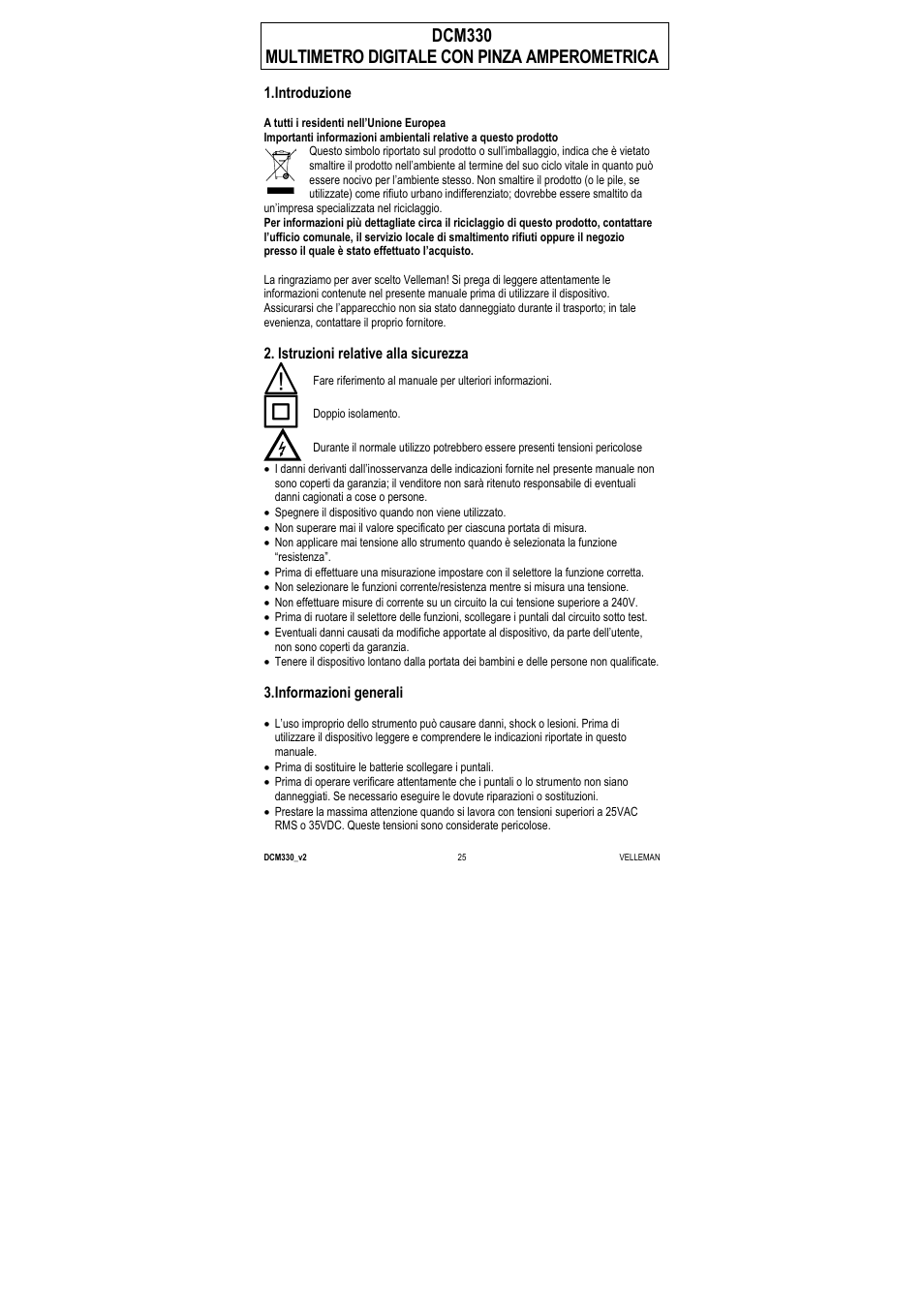 Dcm330 multimetro digitale con pinza amperometrica, Introduzione, Istruzioni relative alla sicurezza | Informazioni generali | Velleman DCM330 User Manual | Page 25 / 29