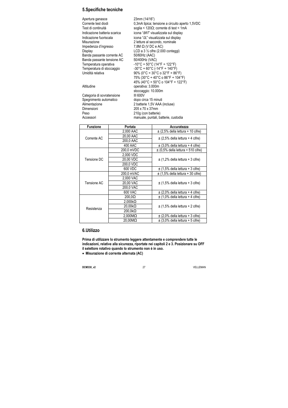 Specifiche tecniche, Utilizzo | Velleman DCM330 User Manual | Page 27 / 29