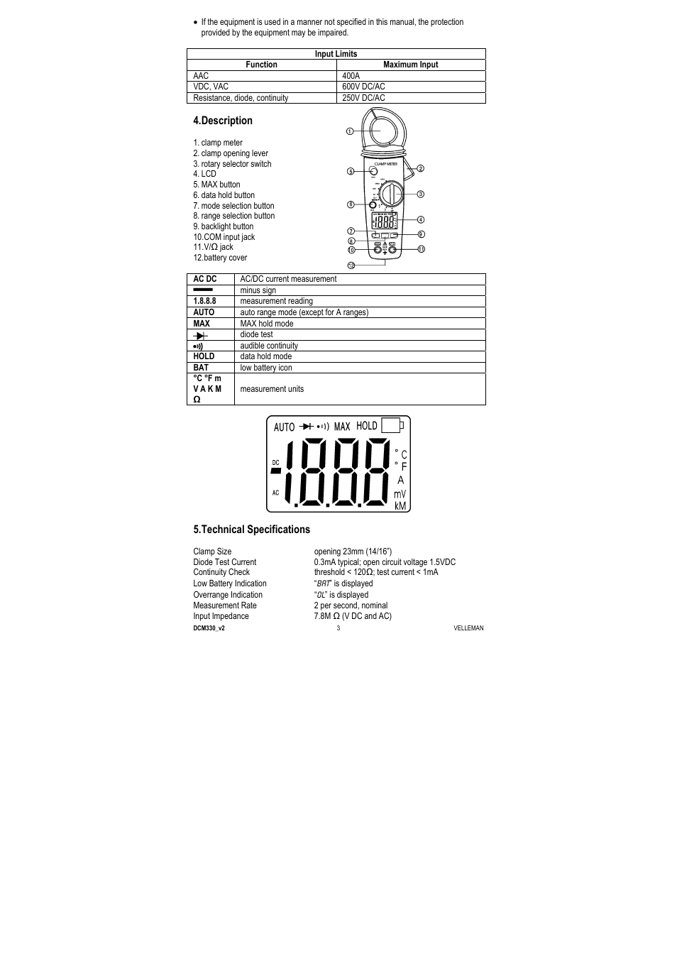 Description, Technical specifications | Velleman DCM330 User Manual | Page 3 / 29