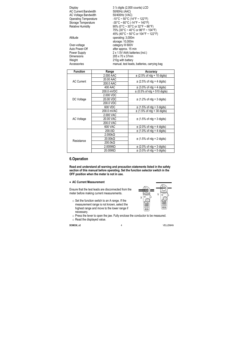 Operation | Velleman DCM330 User Manual | Page 4 / 29