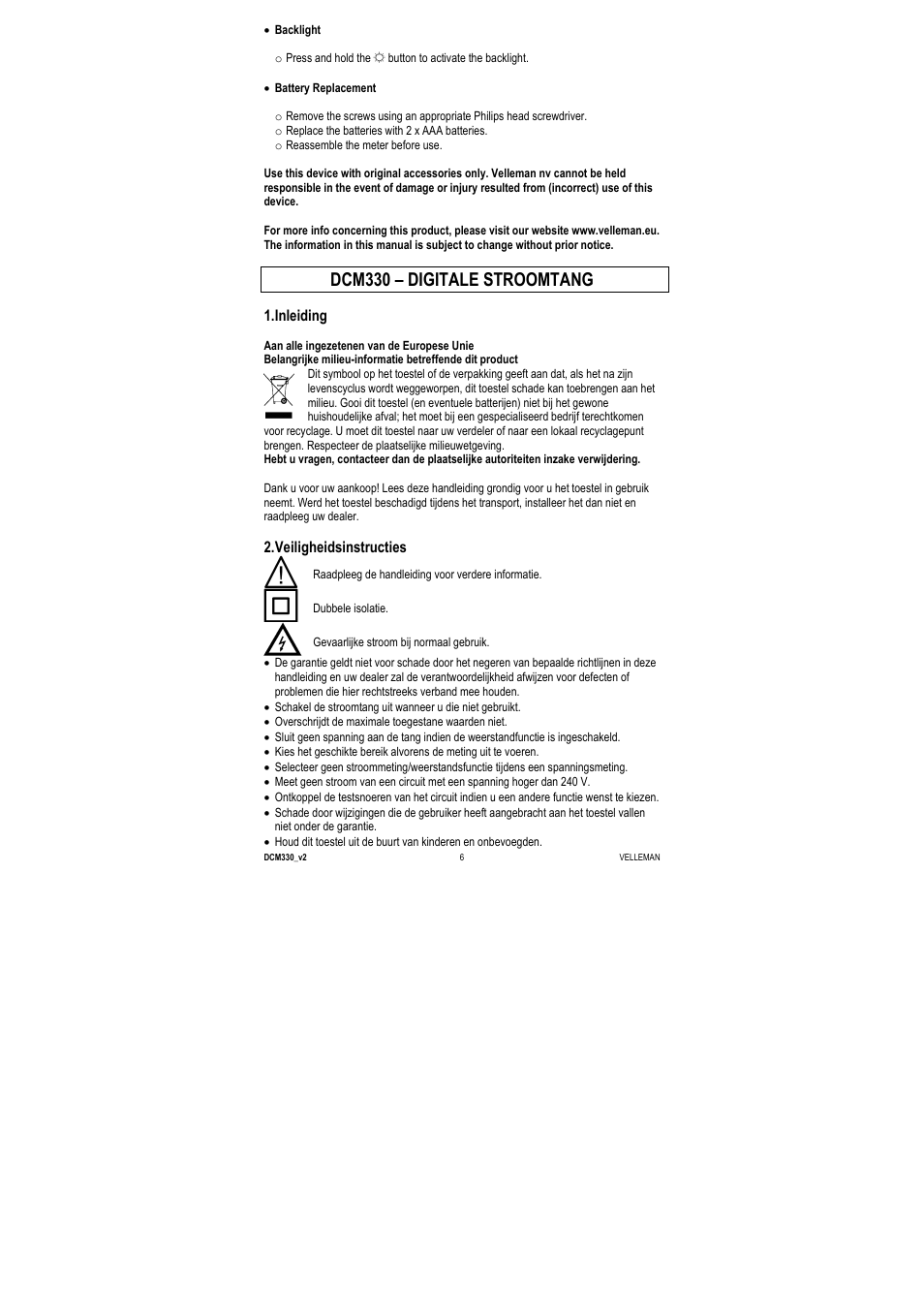 Dcm330 – digitale stroomtang, Inleiding, Veiligheidsinstructies | Velleman DCM330 User Manual | Page 6 / 29