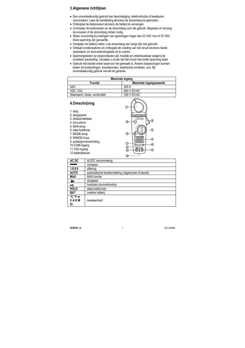 Algemene richtlijnen, Omschrijving | Velleman DCM330 User Manual | Page 7 / 29