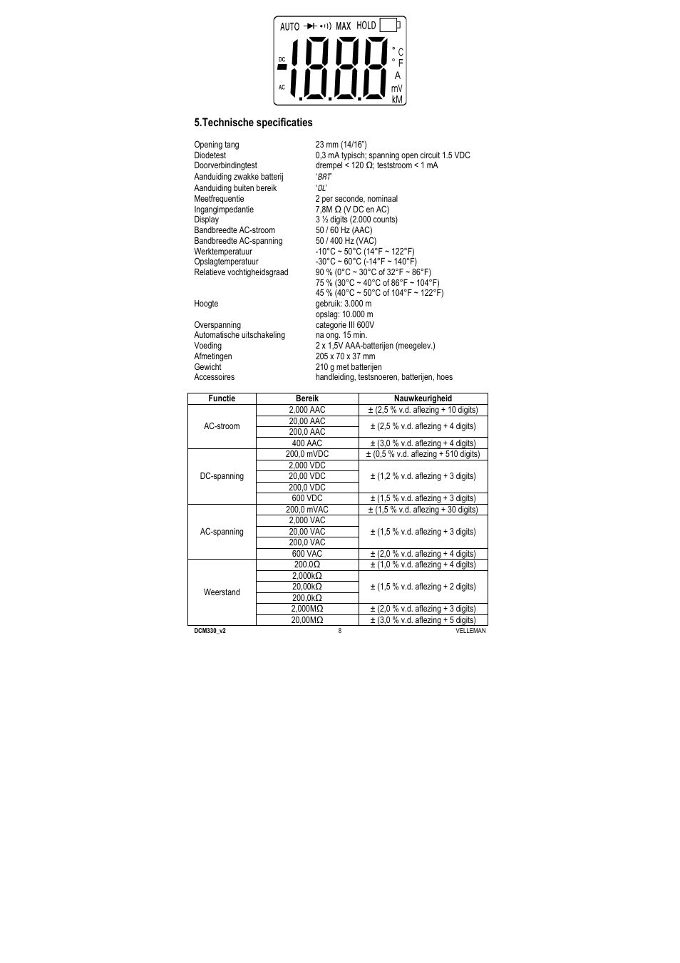Technische specificaties | Velleman DCM330 User Manual | Page 8 / 29
