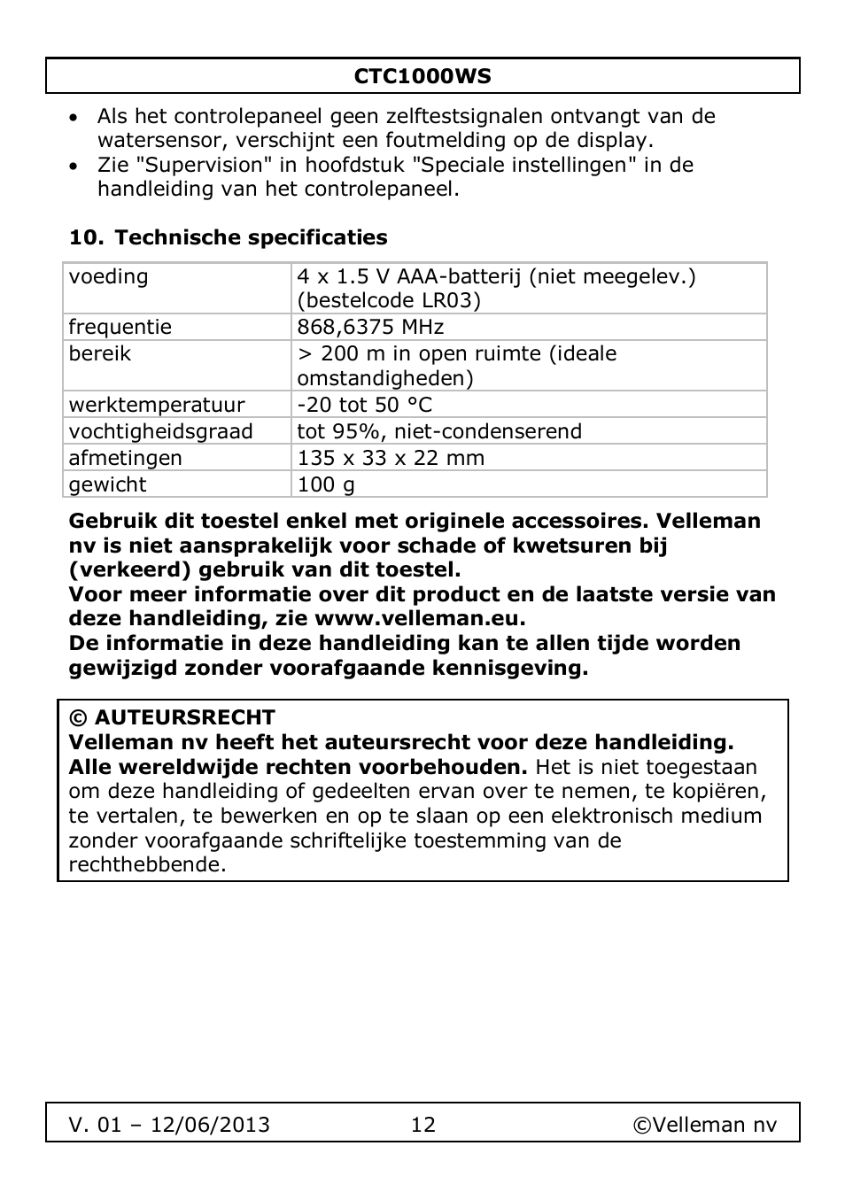 Technische specificaties | Velleman CTC1000WS User Manual | Page 12 / 40