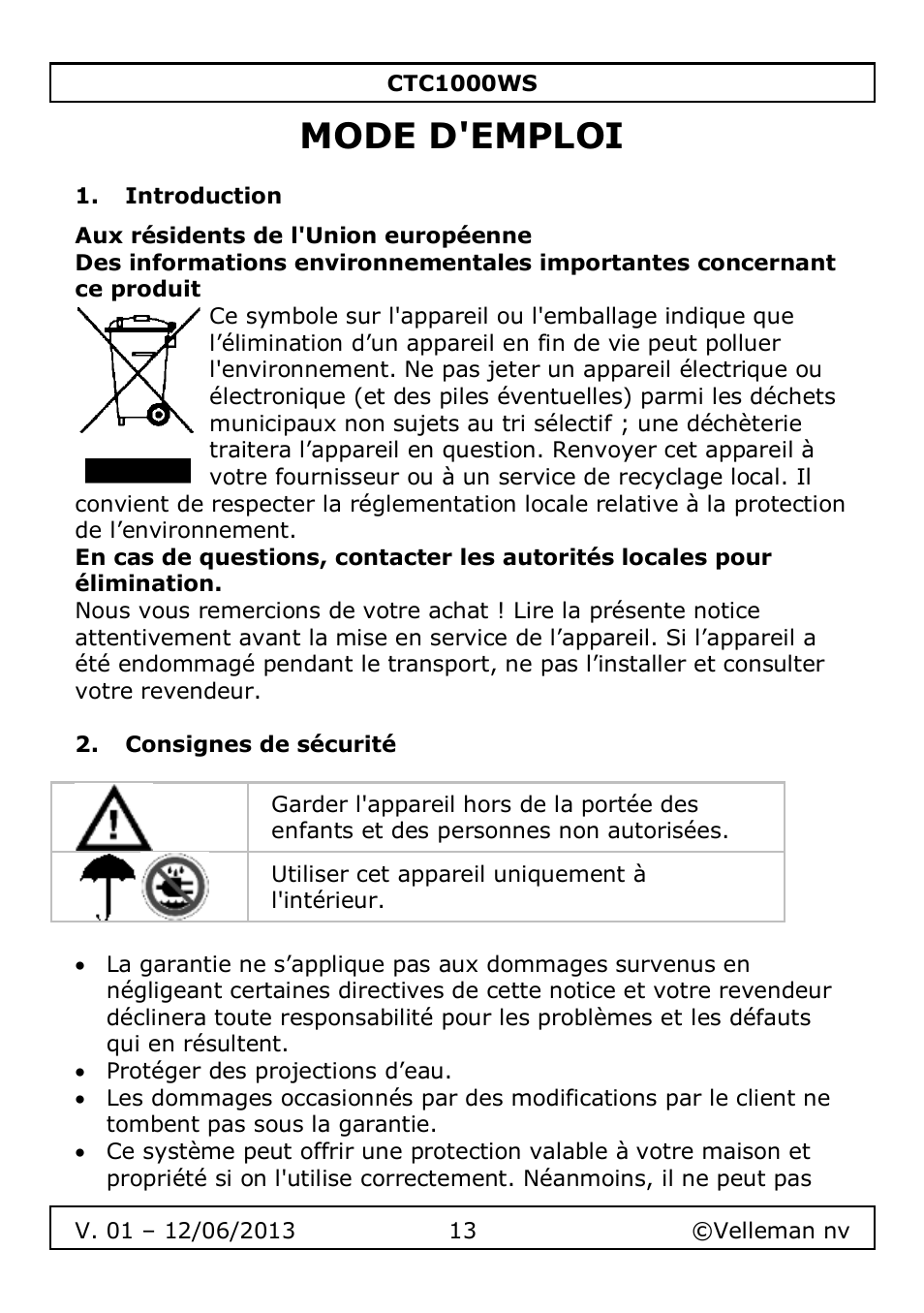 Mode d'emploi, Introduction, Consignes de sécurité | Velleman CTC1000WS User Manual | Page 13 / 40