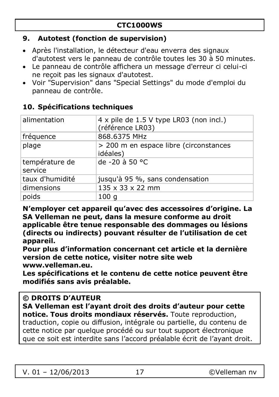 Autotest (fonction de supervision), Spécifications techniques | Velleman CTC1000WS User Manual | Page 17 / 40