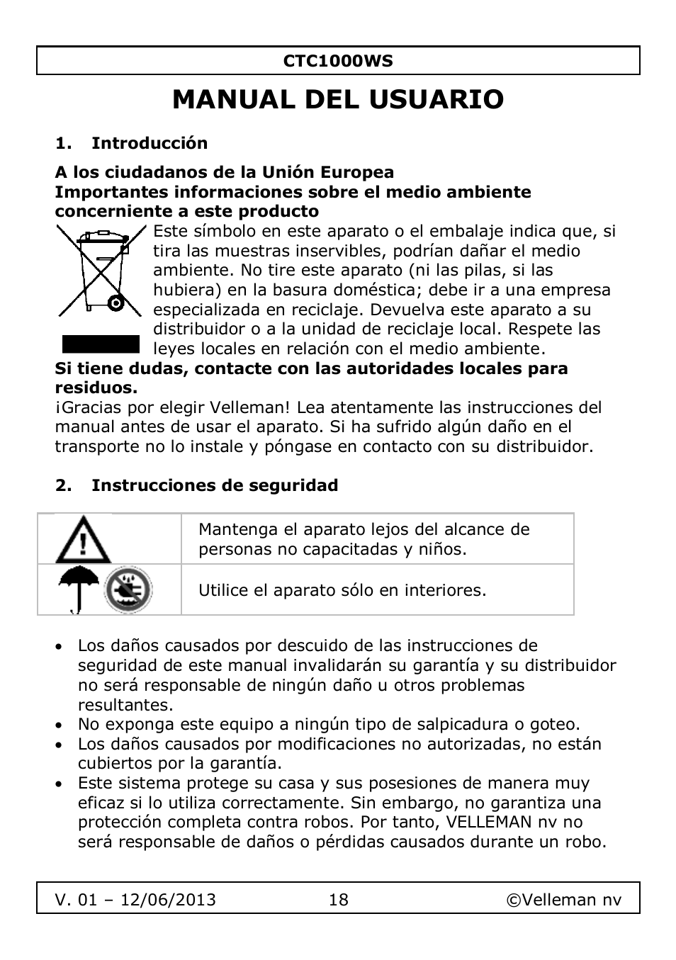 Manual del usuario, Introducción, Instrucciones de seguridad | Velleman CTC1000WS User Manual | Page 18 / 40