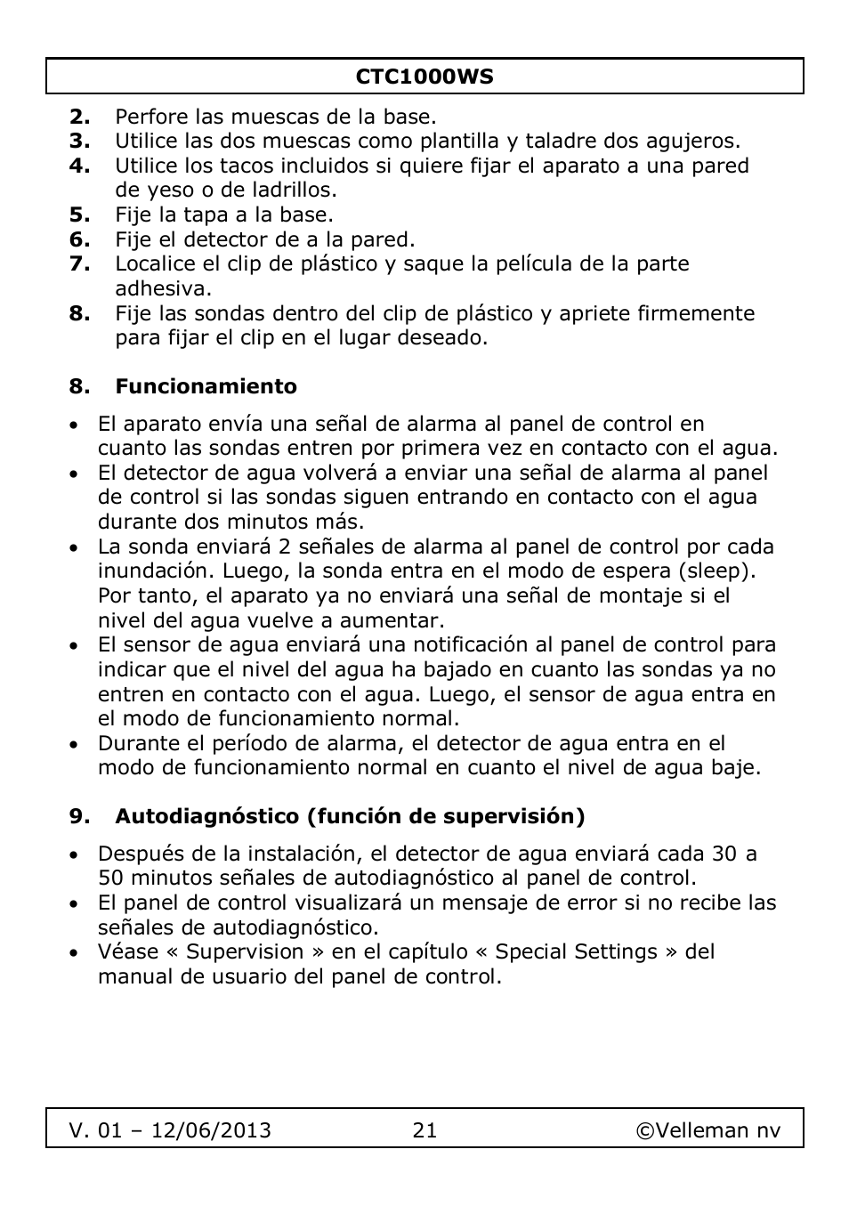 Funcionamiento, Autodiagnóstico (función de supervisión) | Velleman CTC1000WS User Manual | Page 21 / 40