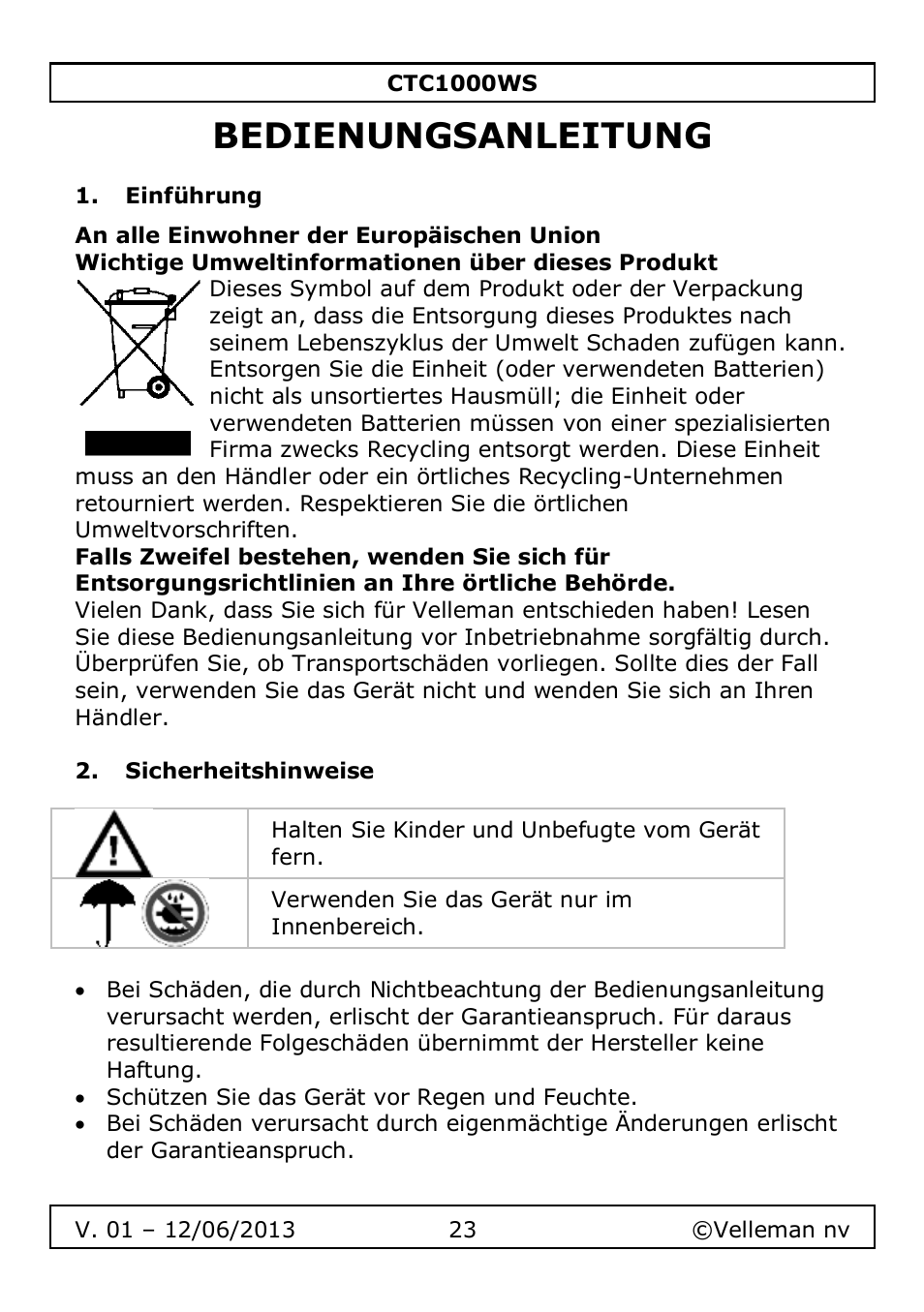 Bedienungsanleitung, Einführung, Sicherheitshinweise | Velleman CTC1000WS User Manual | Page 23 / 40