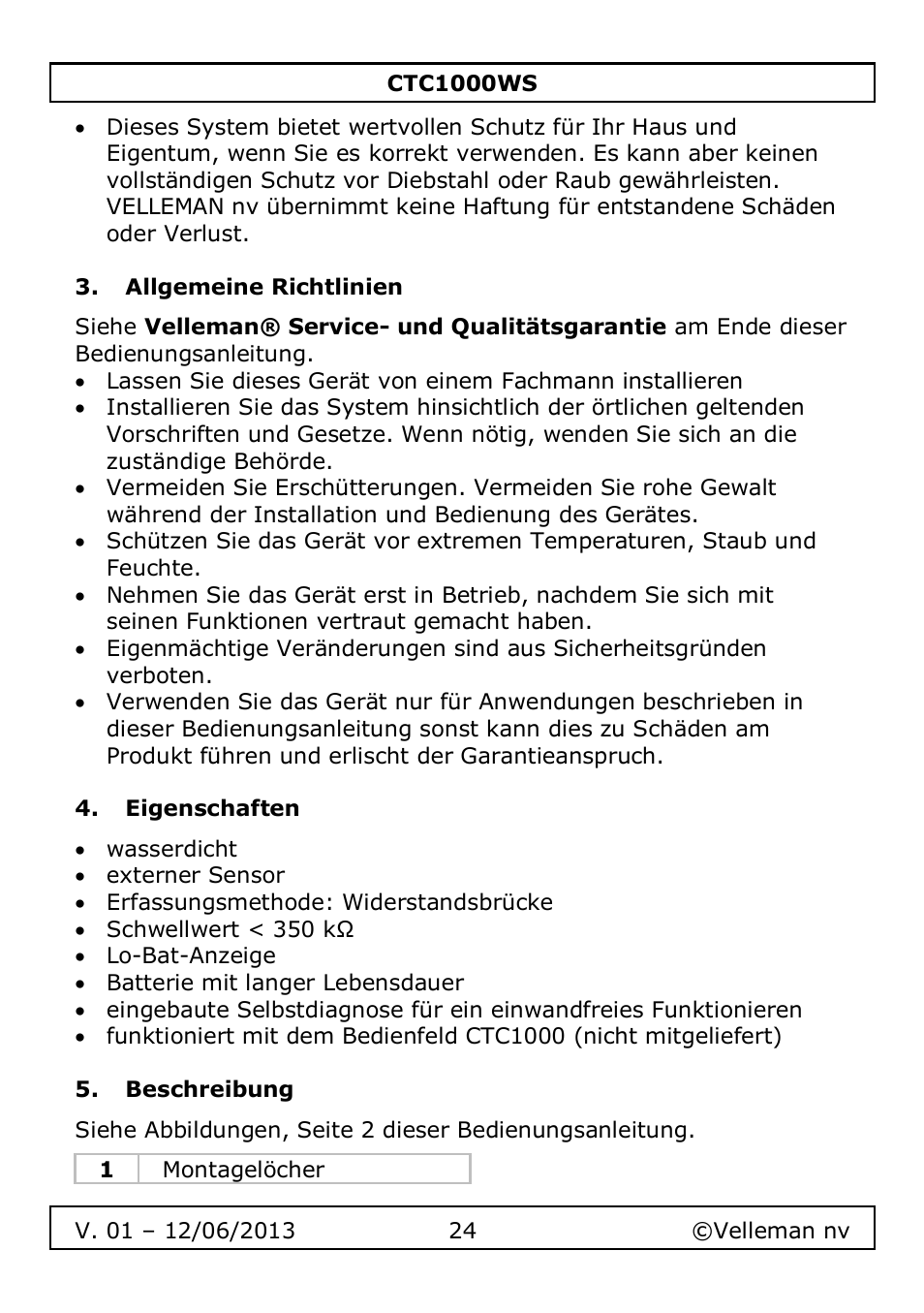 Allgemeine richtlinien, Eigenschaften, Beschreibung | Velleman CTC1000WS User Manual | Page 24 / 40