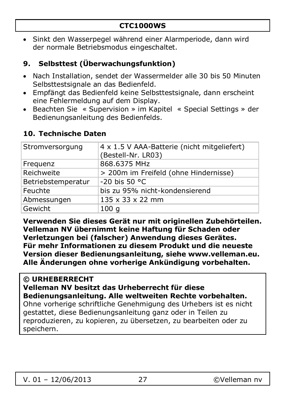 Selbsttest (überwachungsfunktion), Technische daten | Velleman CTC1000WS User Manual | Page 27 / 40