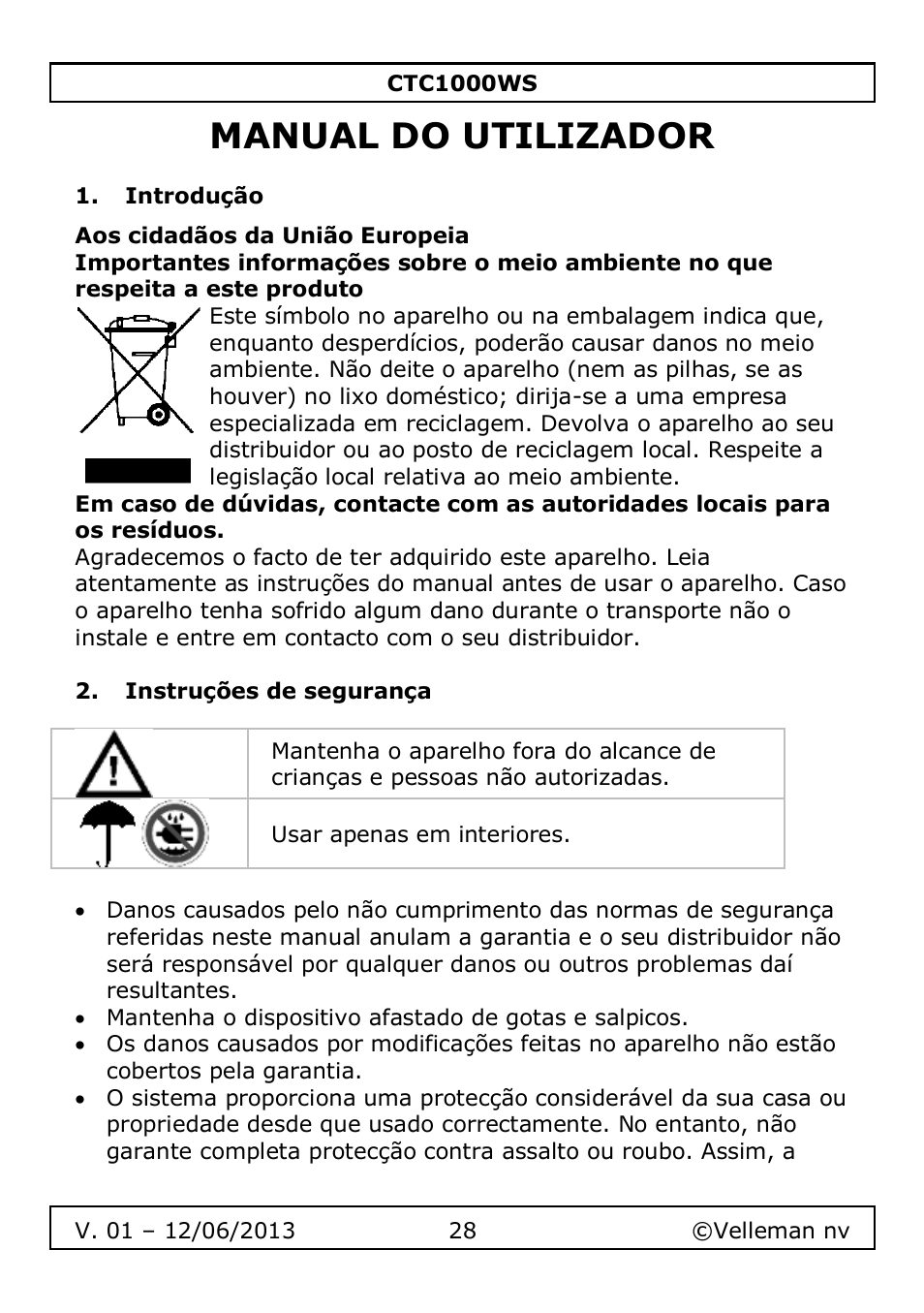 Manual do utilizador, Introdução, Instruções de segurança | Velleman CTC1000WS User Manual | Page 28 / 40