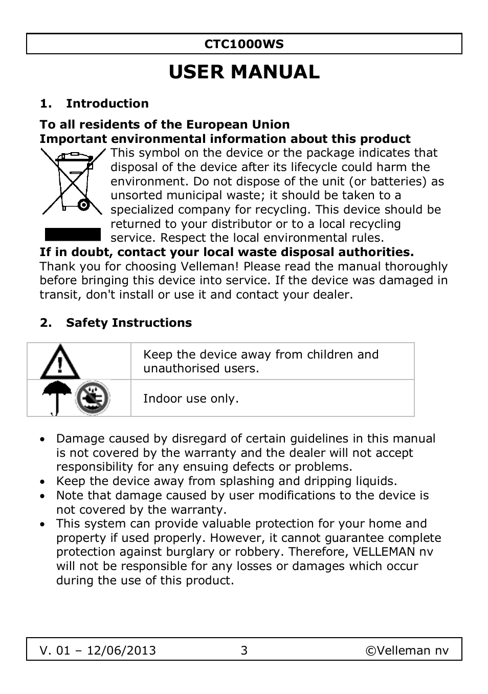 User manual, Introduction, Safety instructions | Velleman CTC1000WS User Manual | Page 3 / 40