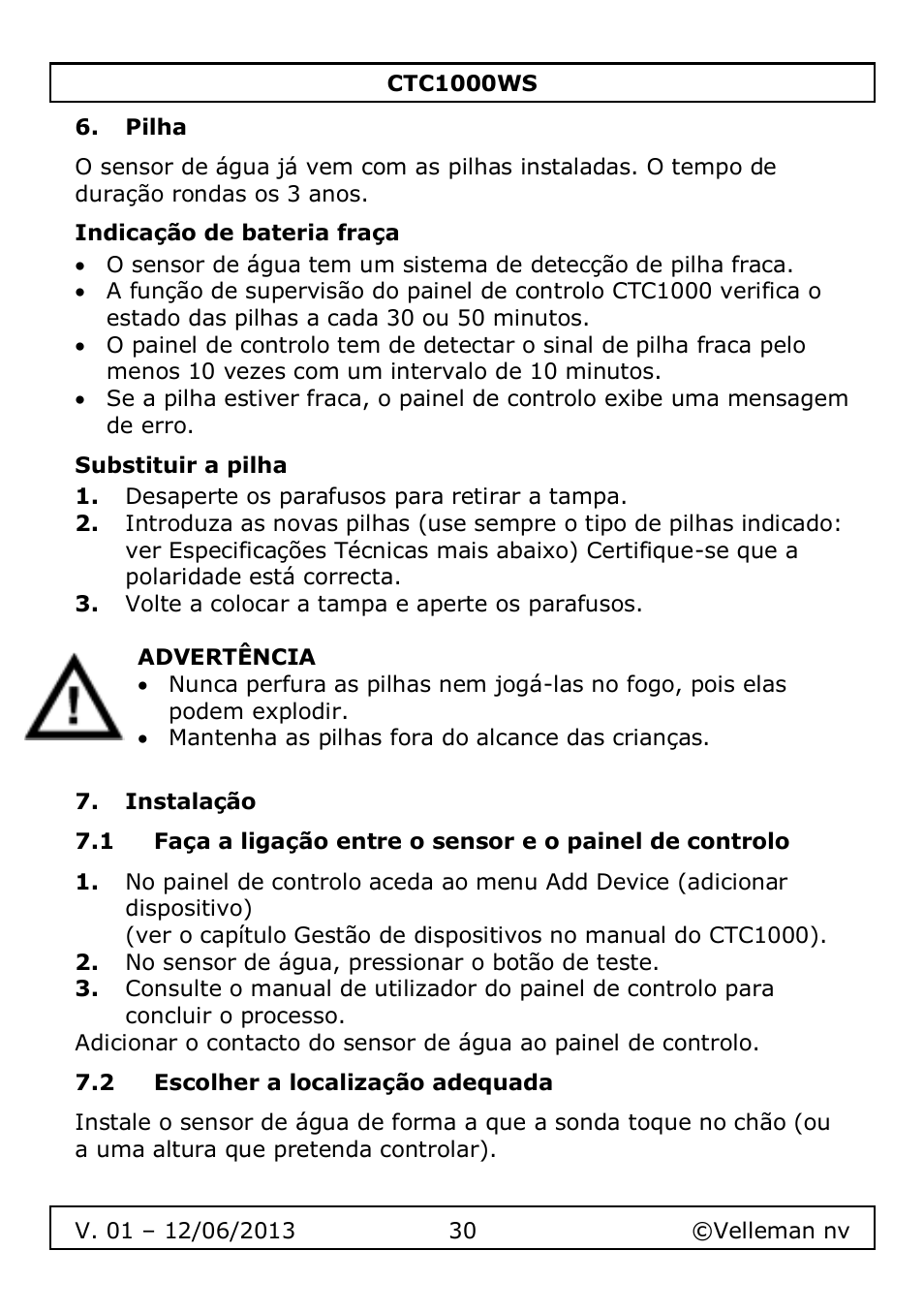 Pilha, Indicação de bateria fraça, Substituir a pilha | Instalação, 2 escolher a localização adequada | Velleman CTC1000WS User Manual | Page 30 / 40