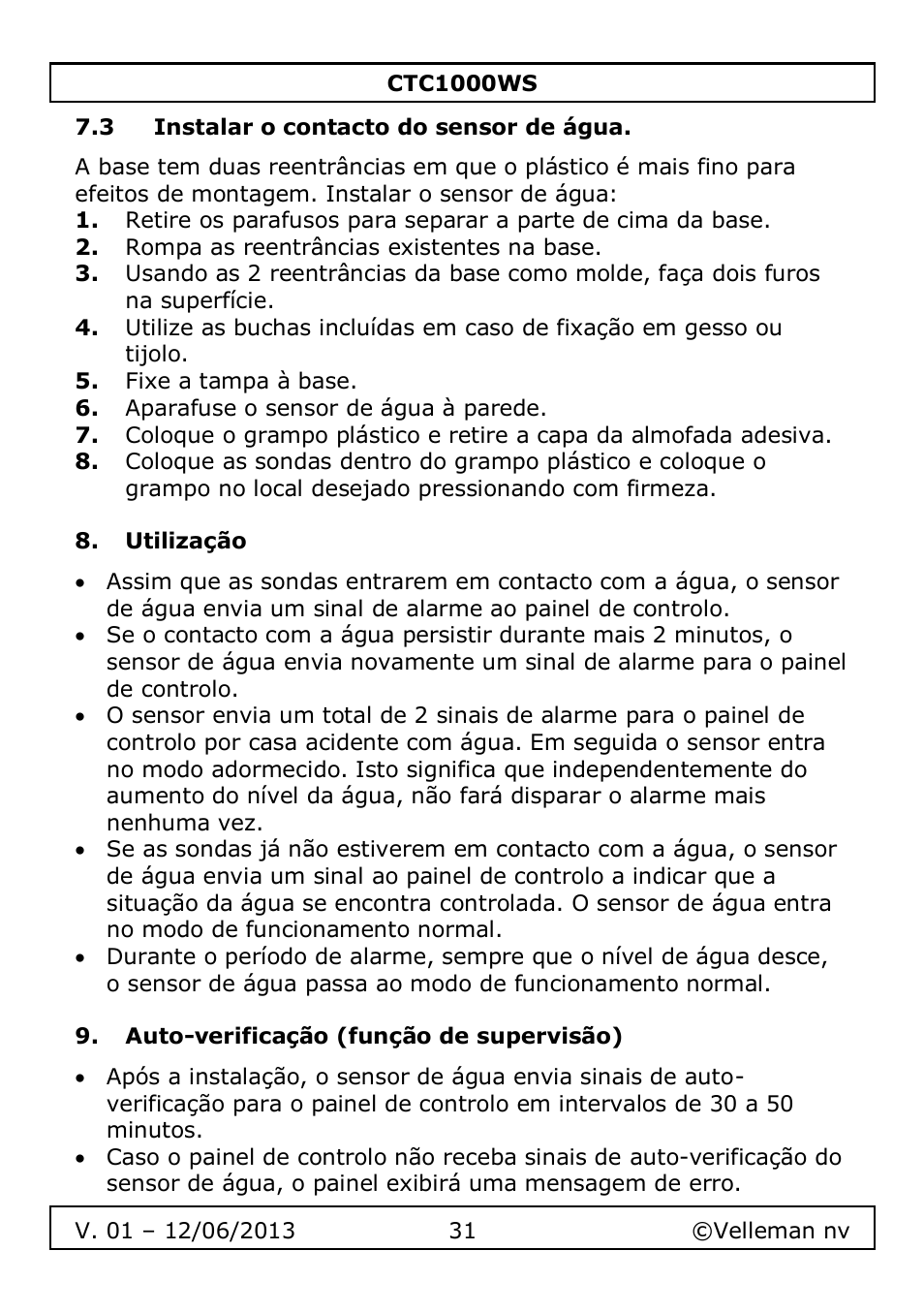3 instalar o contacto do sensor de água, Utilização, Auto-verificação (função de supervisão) | Velleman CTC1000WS User Manual | Page 31 / 40