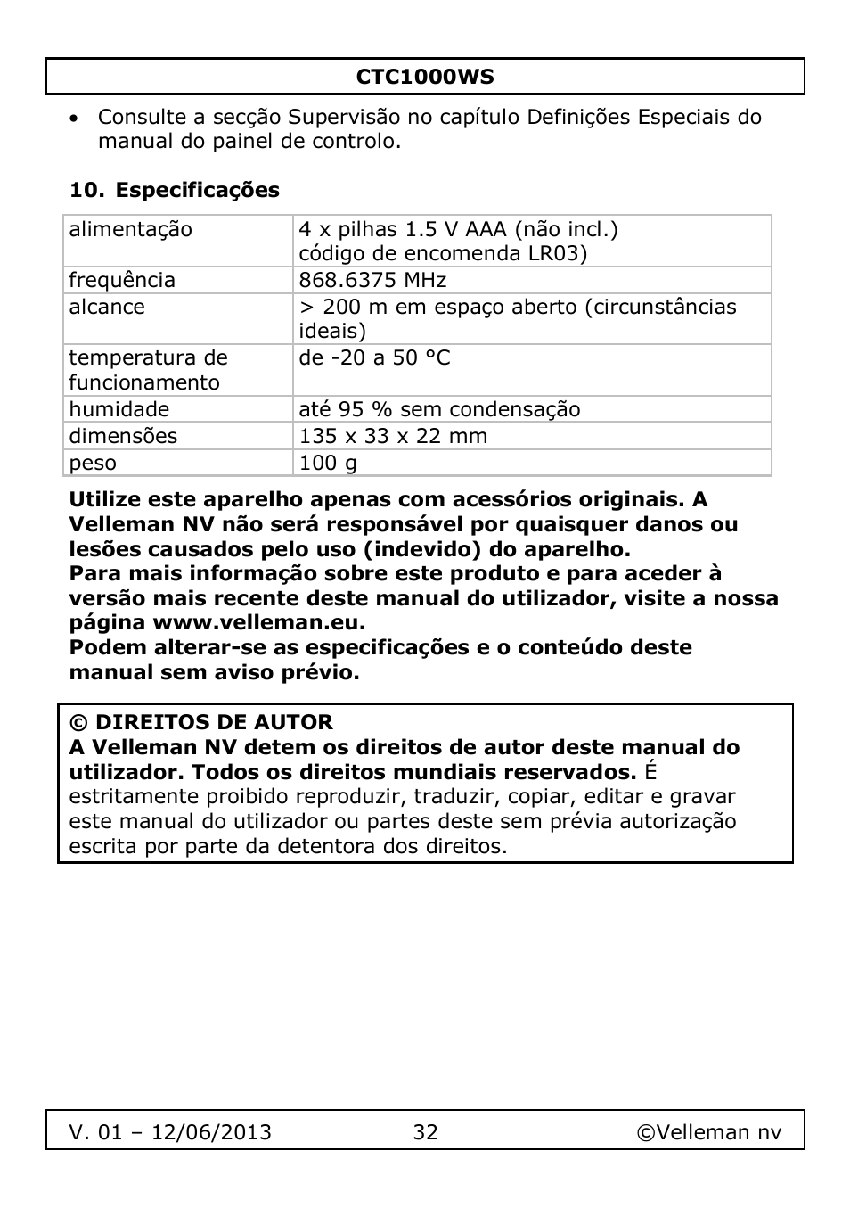 Especificações | Velleman CTC1000WS User Manual | Page 32 / 40