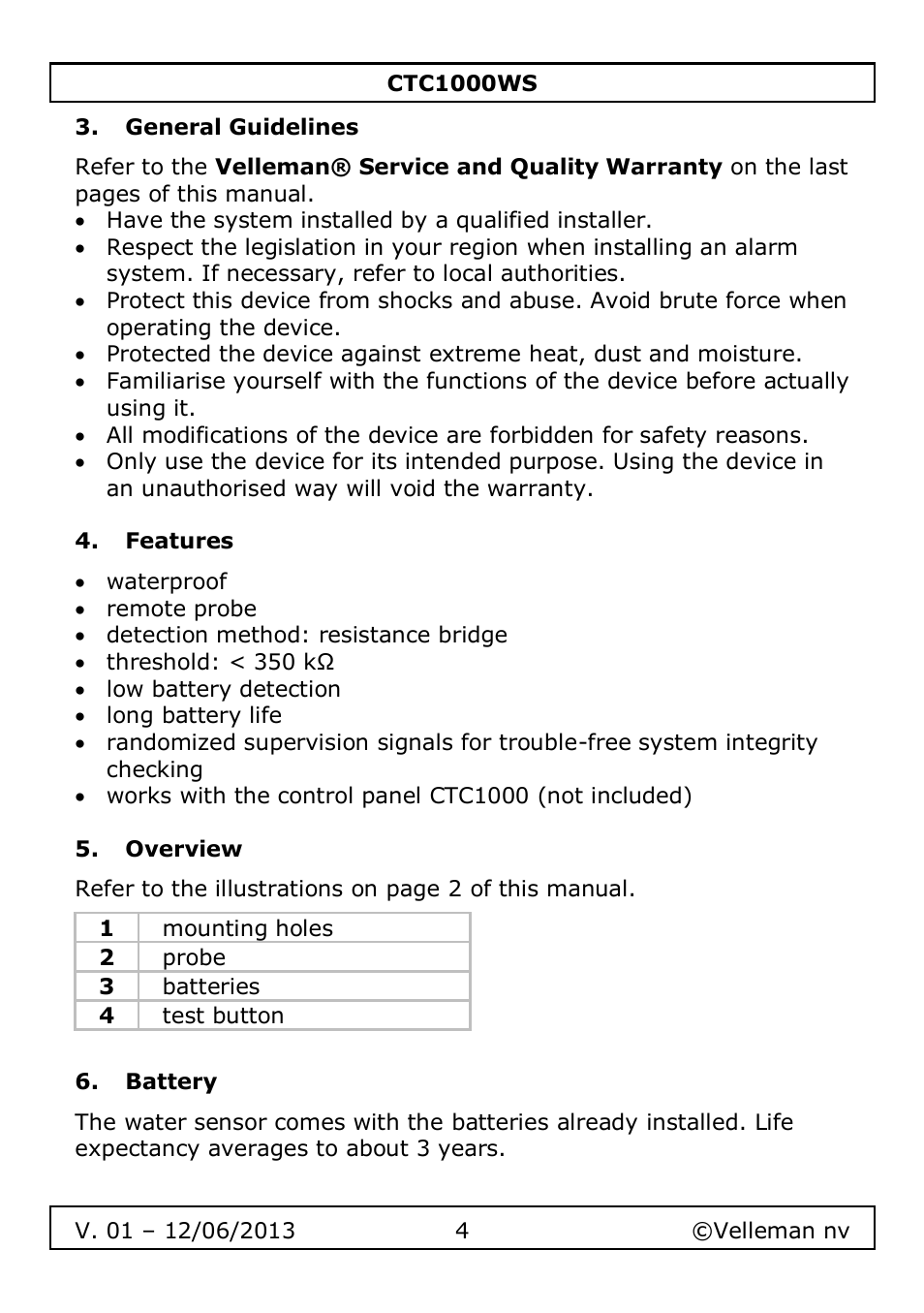 General guidelines, Features, Overview | Battery | Velleman CTC1000WS User Manual | Page 4 / 40