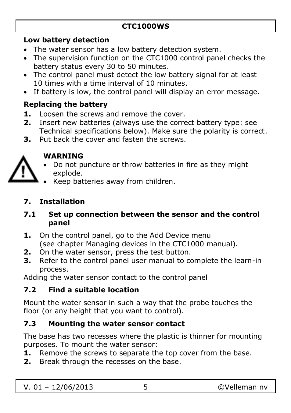 Low battery detection, Replacing the battery, Installation | 2 find a suitable location, 3 mounting the water sensor contact | Velleman CTC1000WS User Manual | Page 5 / 40