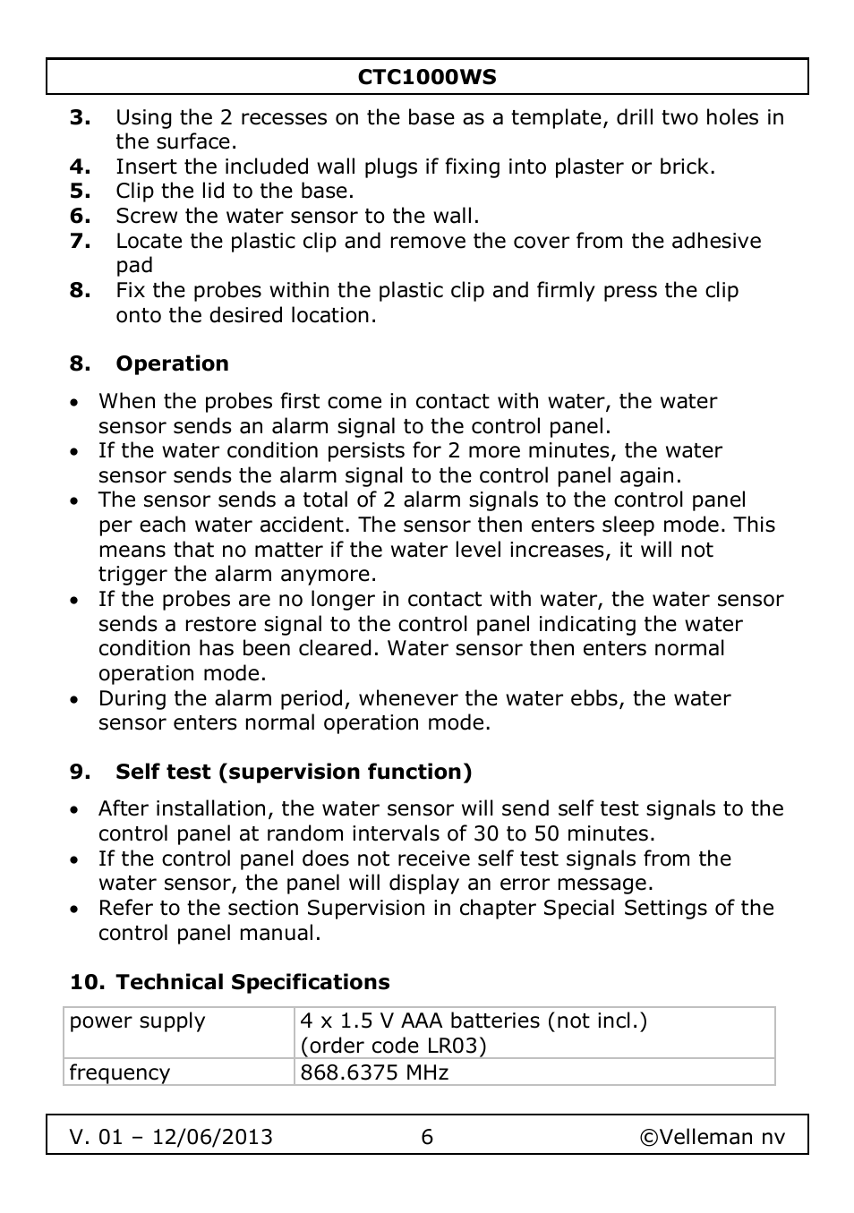 Operation, Self test (supervision function), Technical specifications | Velleman CTC1000WS User Manual | Page 6 / 40