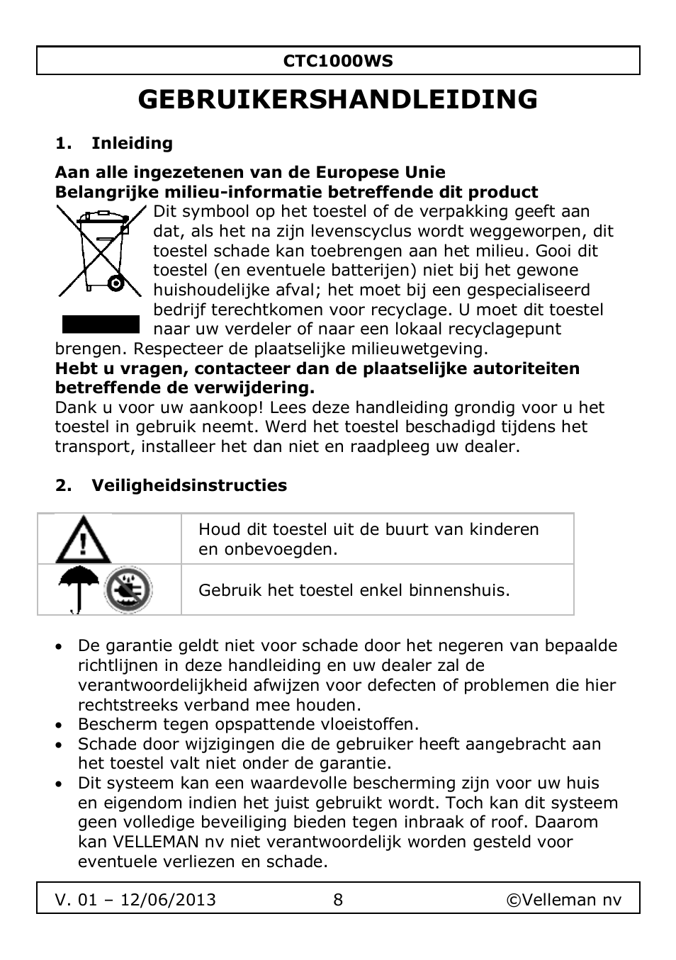 Gebruikershandleiding, Inleiding, Veiligheidsinstructies | Velleman CTC1000WS User Manual | Page 8 / 40