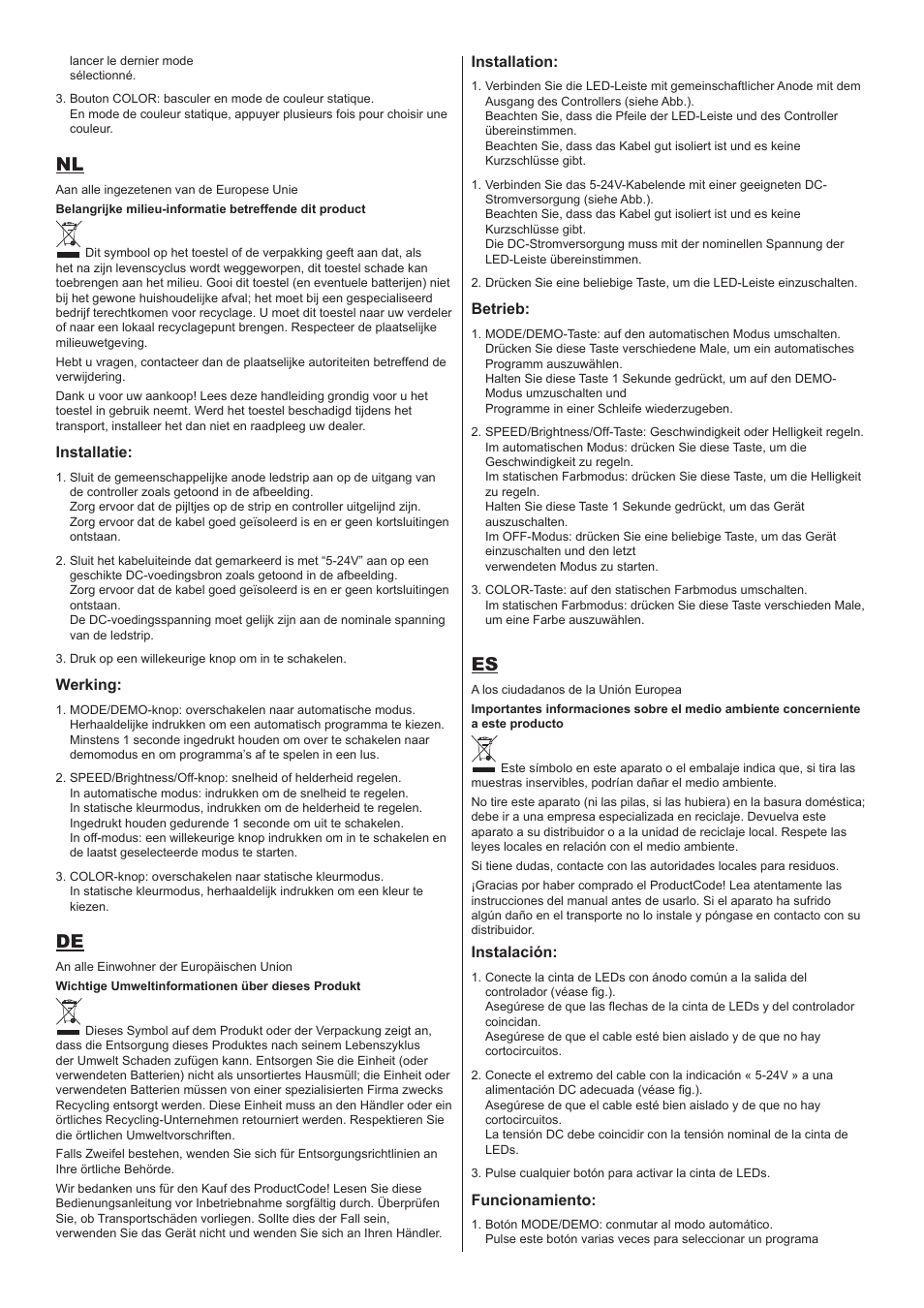 Installatie, Werking, Installation | Betrieb, Instalación, Funcionamiento | Velleman CHLSC4 User Manual | Page 2 / 4