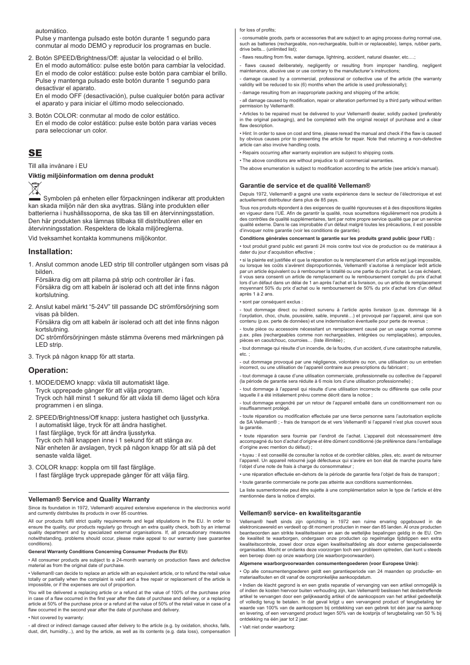 Installation, Operation | Velleman CHLSC4 User Manual | Page 3 / 4