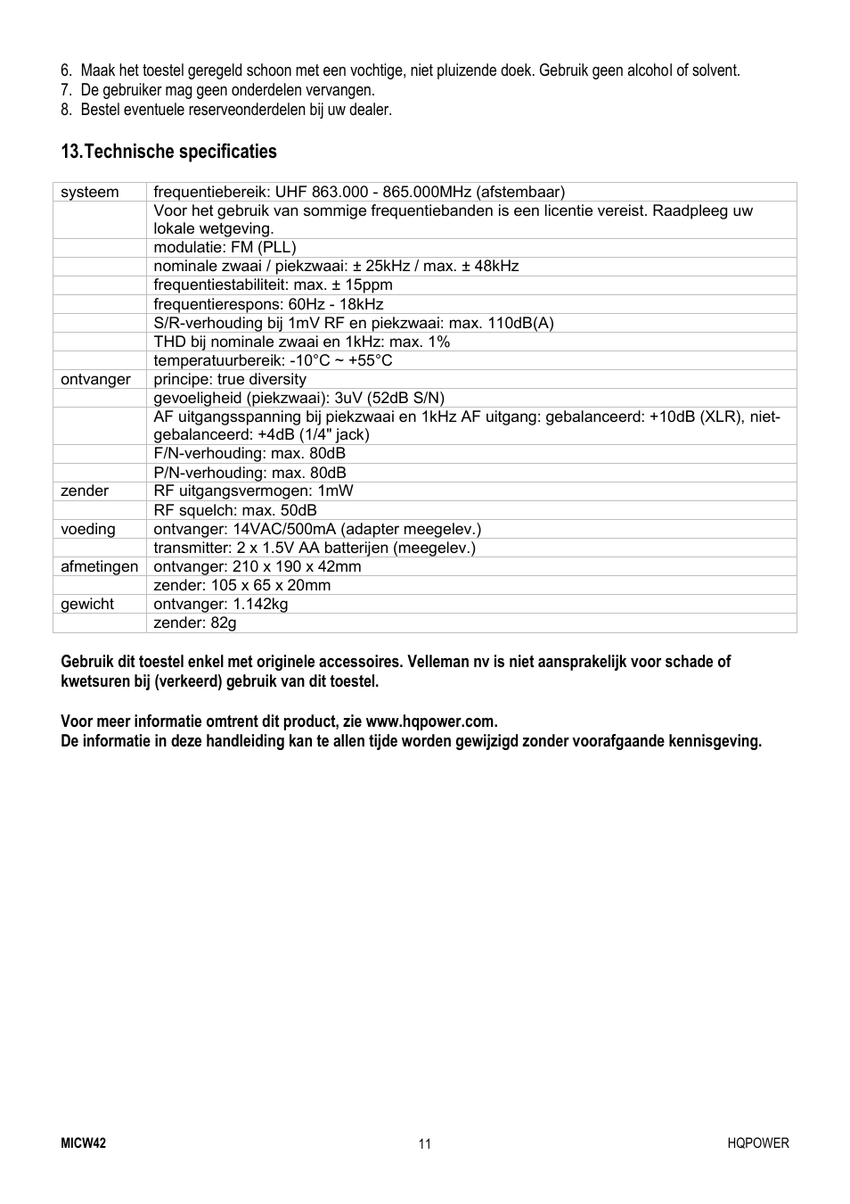 Technische specificaties | Velleman MICW42-2 User Manual | Page 11 / 30