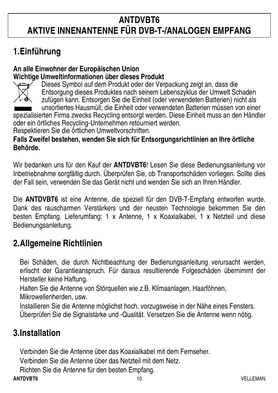 Einführung, Allgemeine richtlinien, Installation | Velleman ANTDVBT6 User Manual | Page 10 / 12