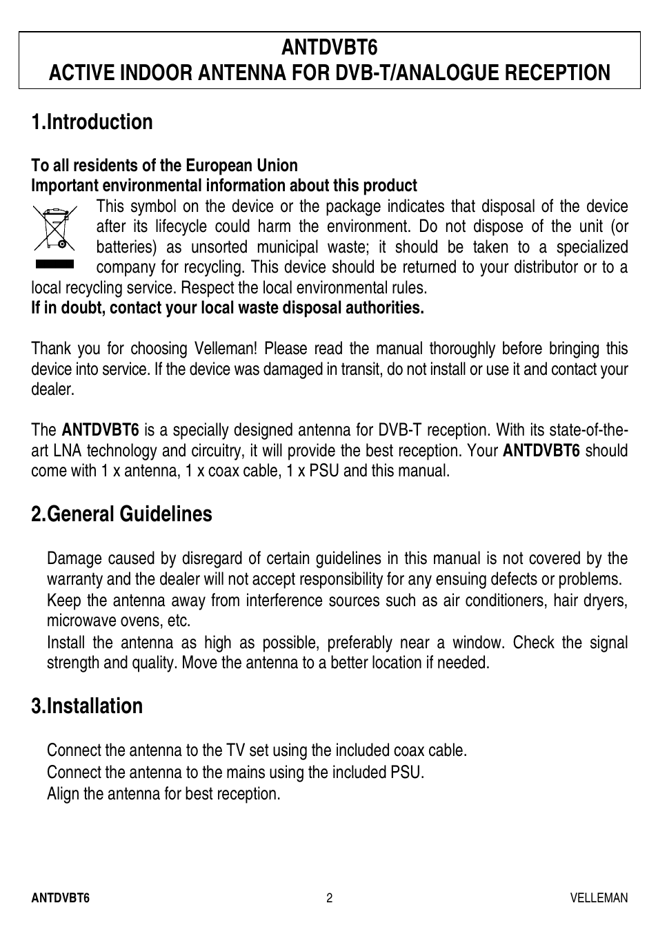 Introduction, General guidelines, Installation | Velleman ANTDVBT6 User Manual | Page 2 / 12