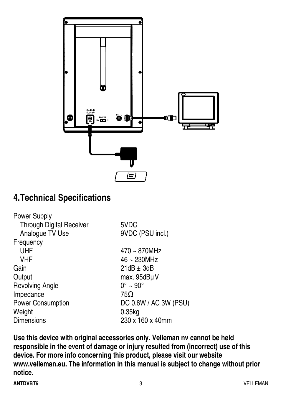 Technical specifications | Velleman ANTDVBT6 User Manual | Page 3 / 12