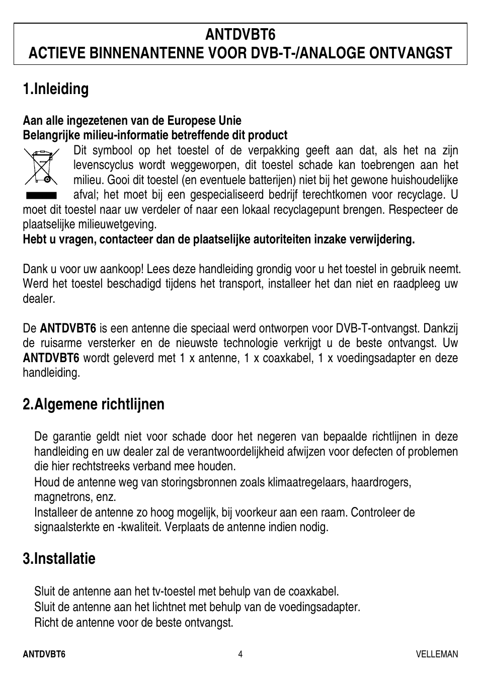 Inleiding, Algemene richtlijnen, Installatie | Velleman ANTDVBT6 User Manual | Page 4 / 12