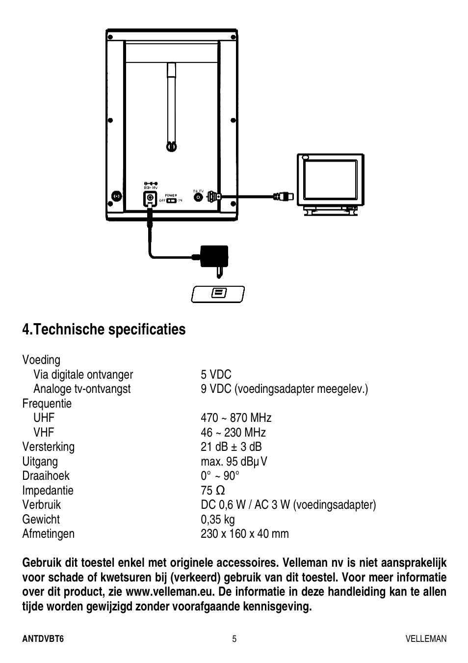 Technische specificaties | Velleman ANTDVBT6 User Manual | Page 5 / 12