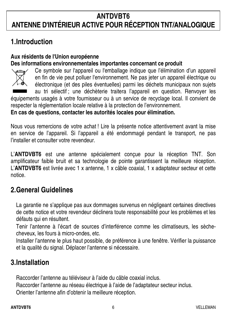 Introduction, General guidelines, Installation | Velleman ANTDVBT6 User Manual | Page 6 / 12