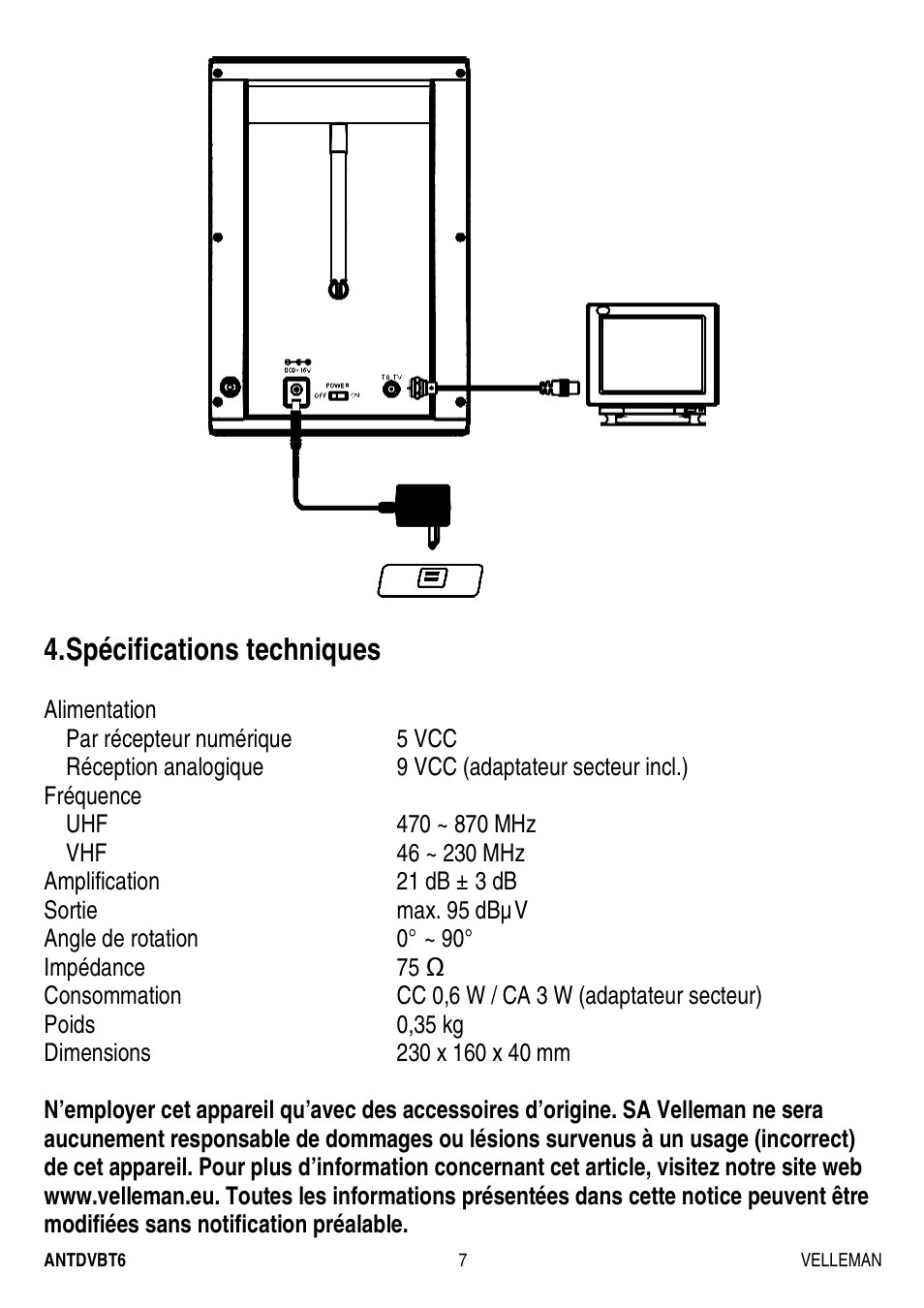 Spécifications techniques | Velleman ANTDVBT6 User Manual | Page 7 / 12