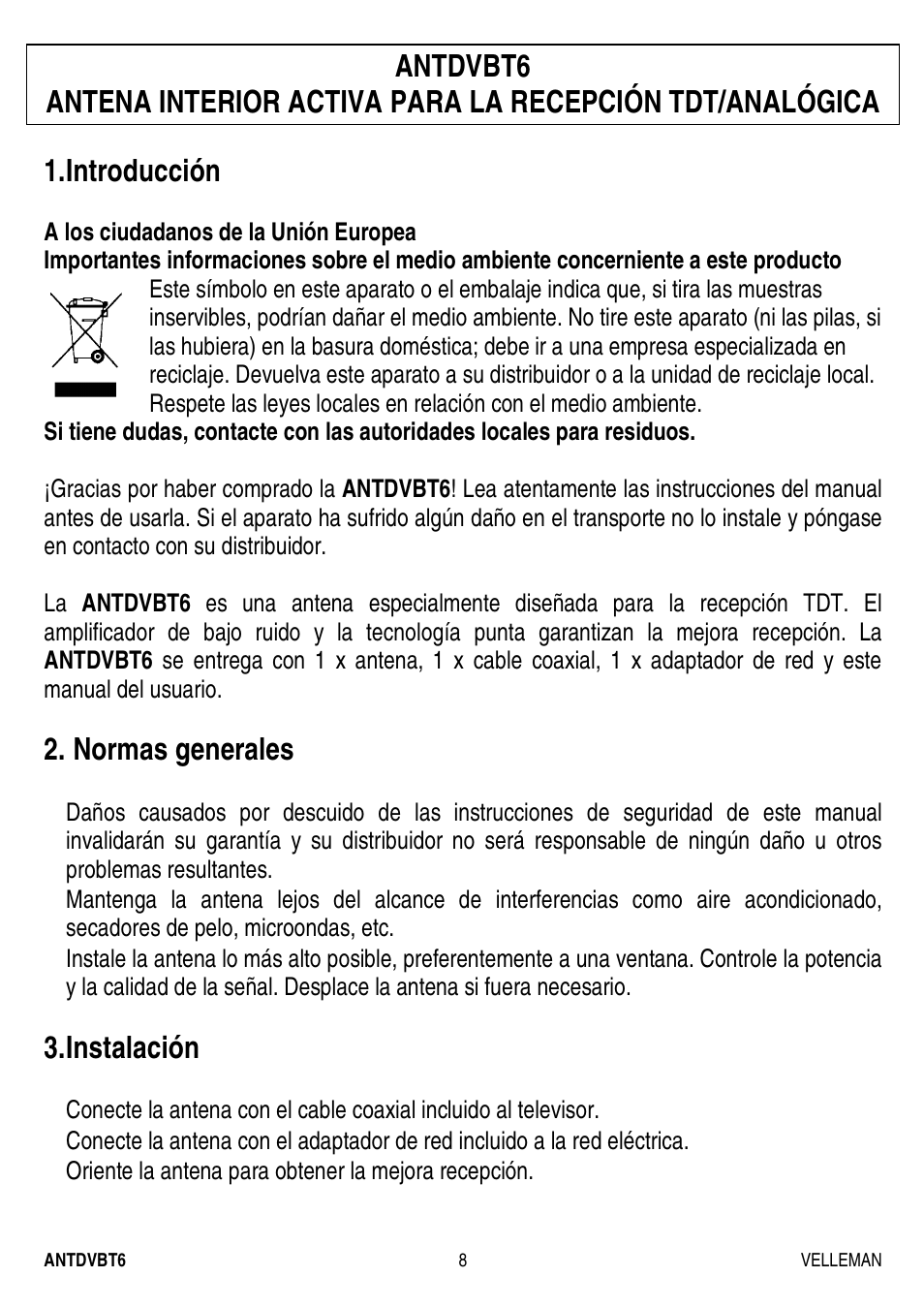 Introducción, Normas generales, Instalación | Velleman ANTDVBT6 User Manual | Page 8 / 12