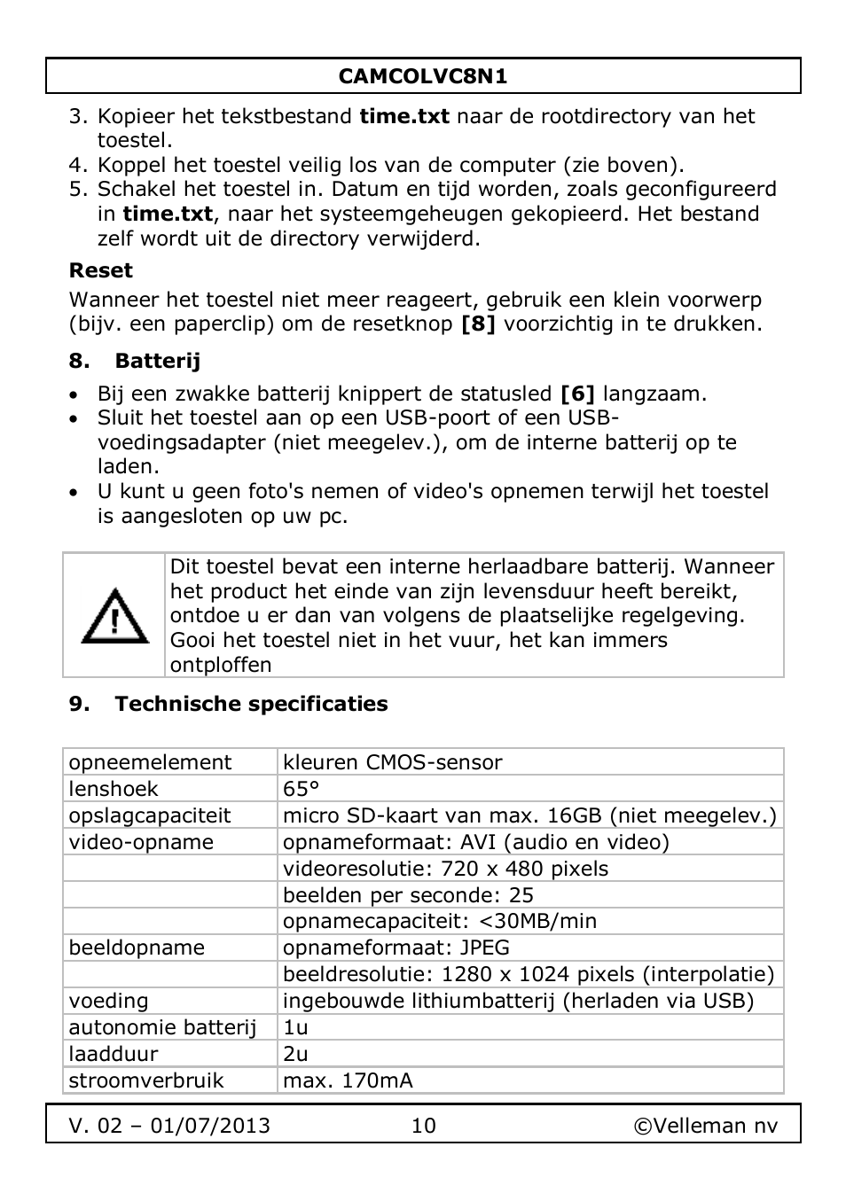 Reset, Batterij, Technische specificaties | Velleman CAMCOLVC8N1 User Manual | Page 10 / 43