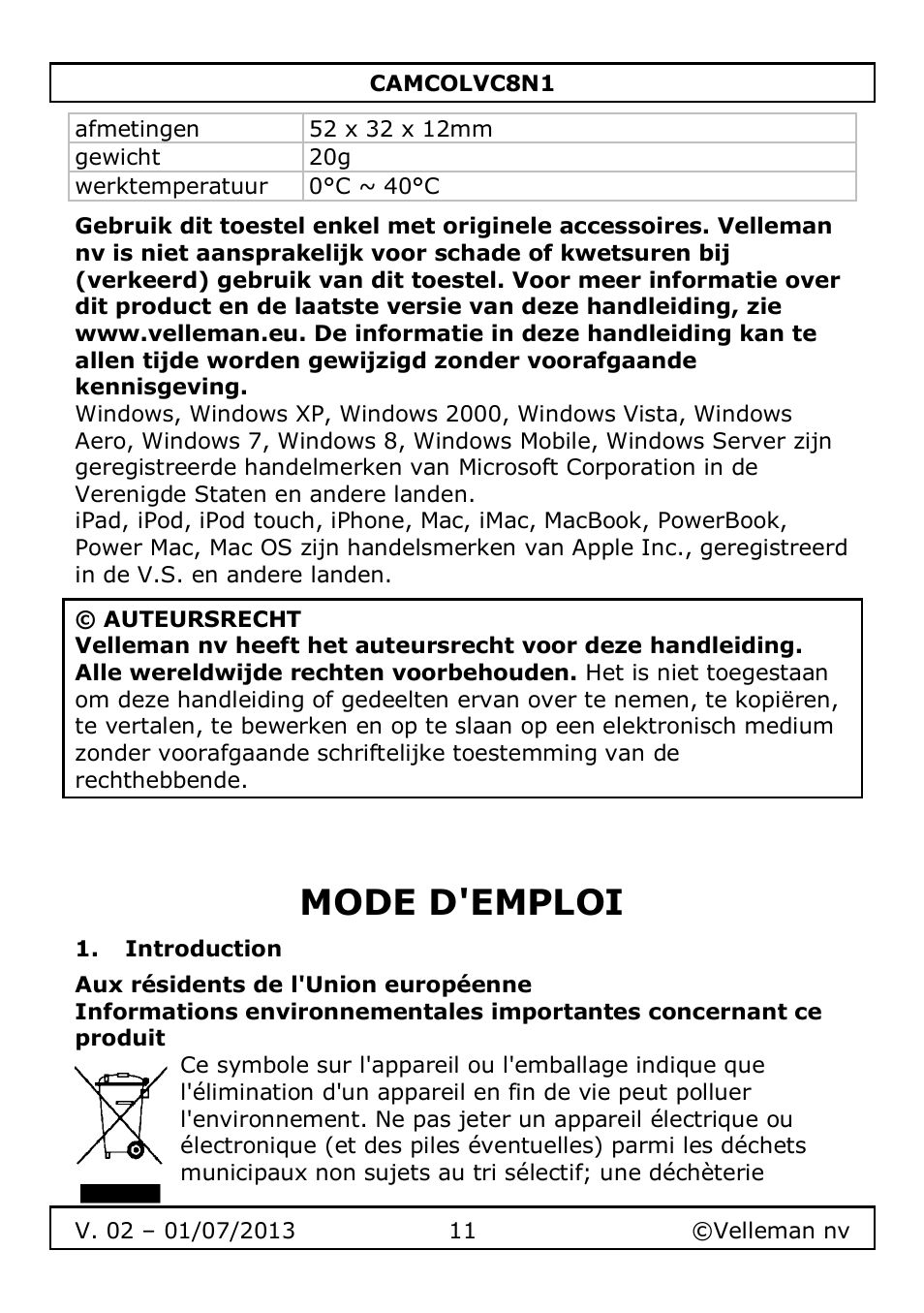 Mode d'emploi, Introduction | Velleman CAMCOLVC8N1 User Manual | Page 11 / 43