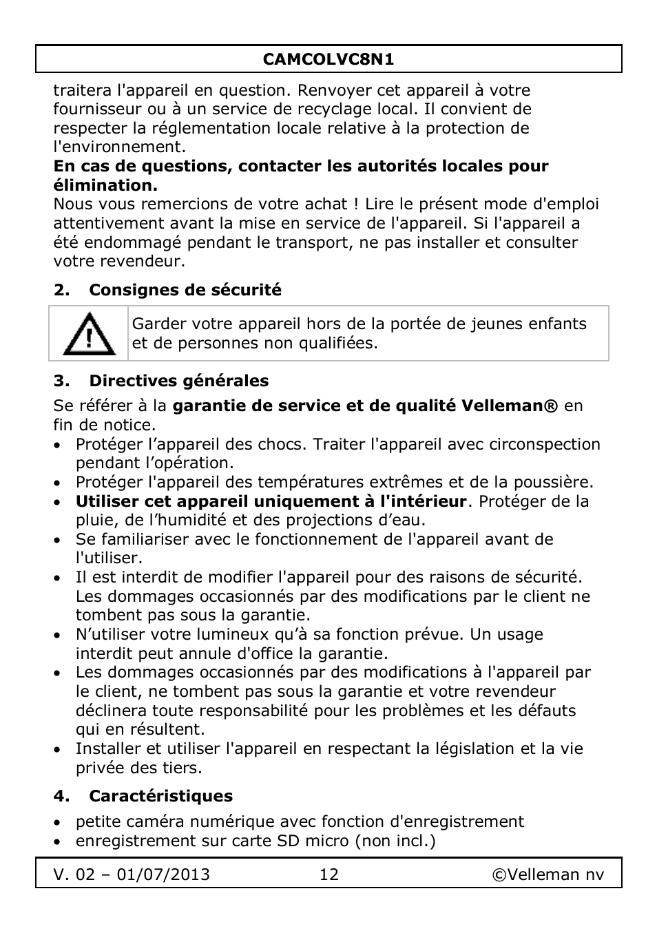 Consignes de sécurité, Directives générales, Caractéristiques | Velleman CAMCOLVC8N1 User Manual | Page 12 / 43