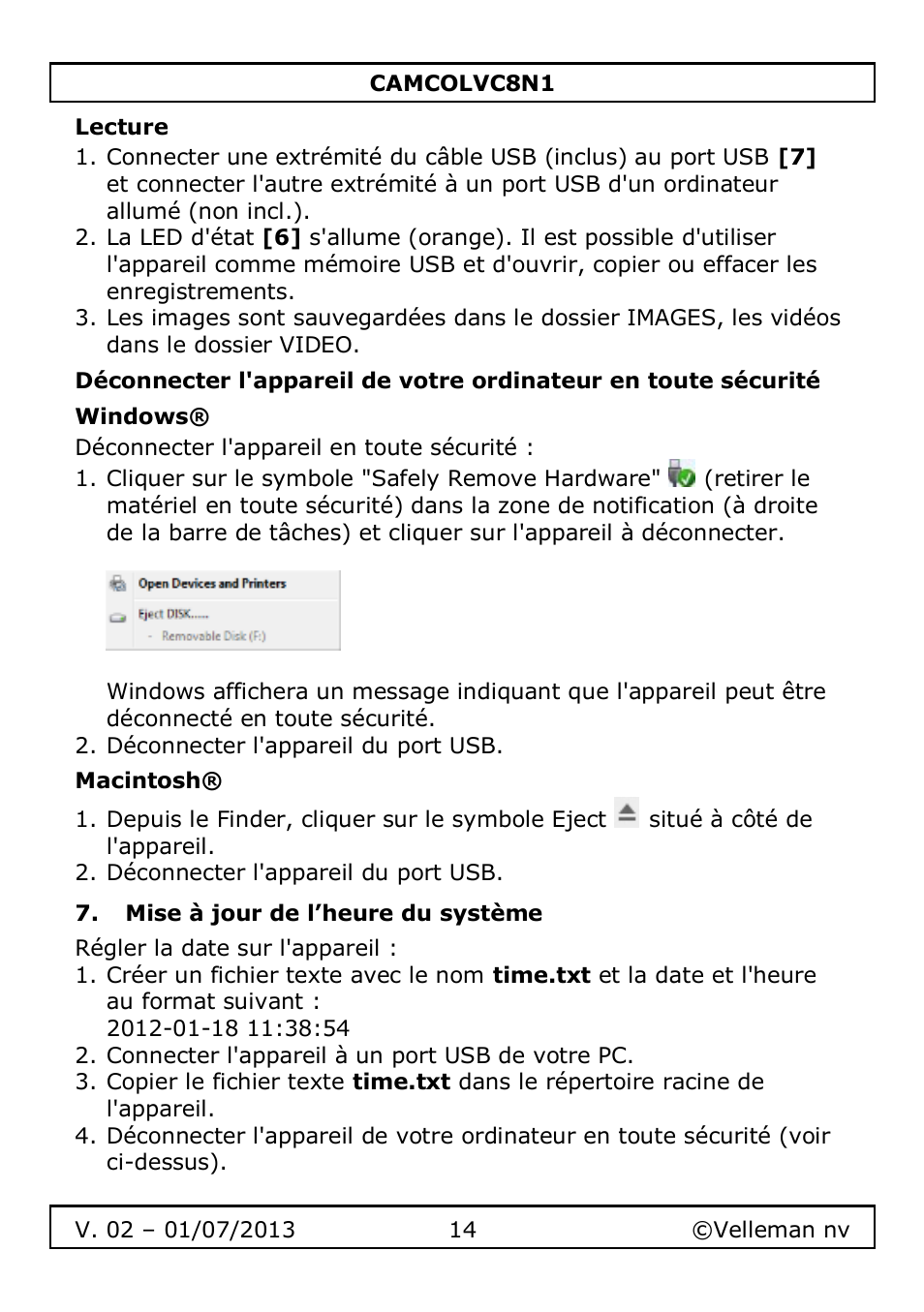 Lecture, Windows, Macintosh | Mise à jour de l’heure du système | Velleman CAMCOLVC8N1 User Manual | Page 14 / 43